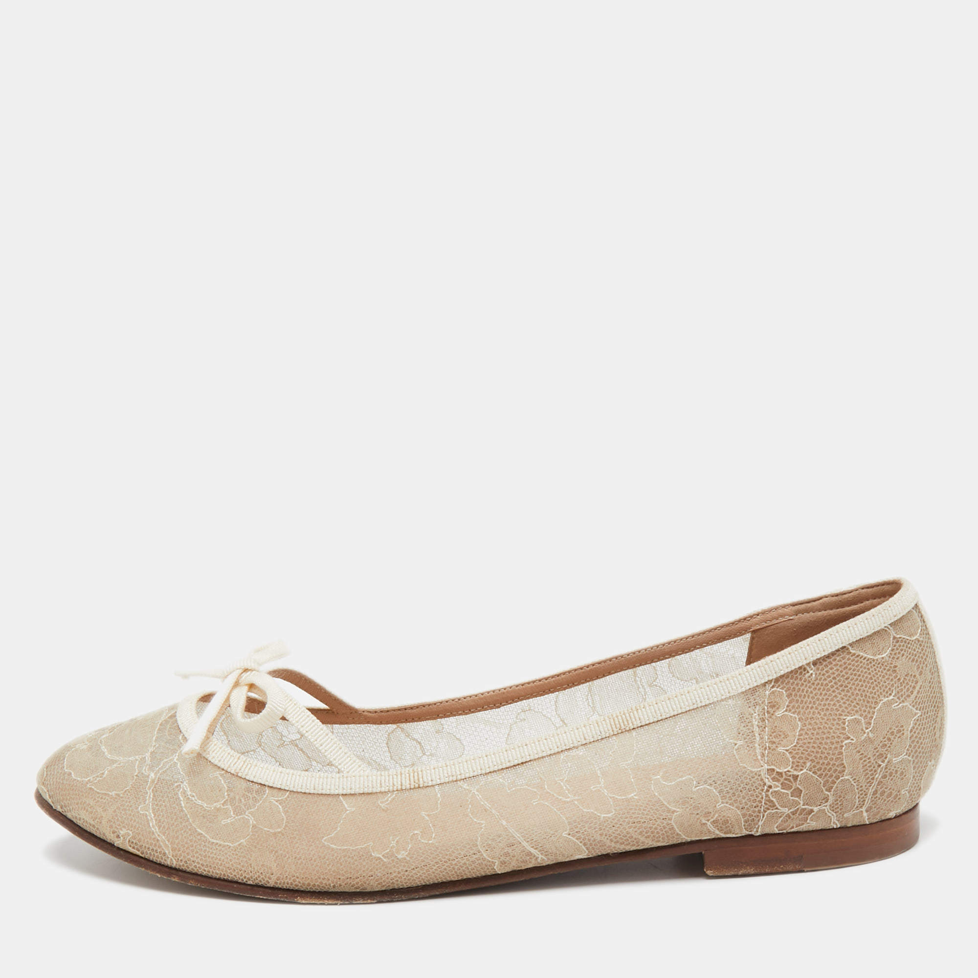 Pre Owned Valentino Beige Lace  and Leather Ballet Flats Size 38.5