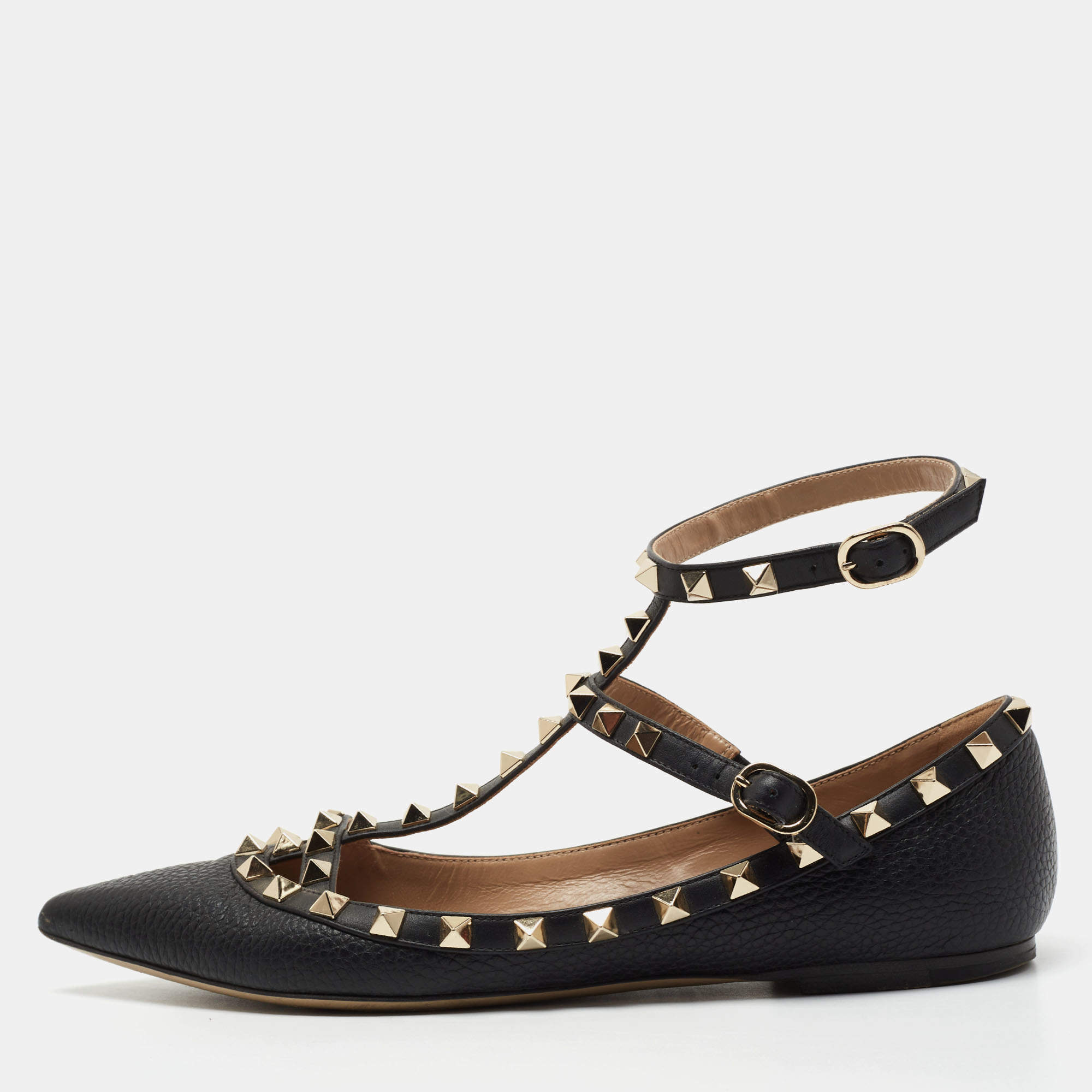 Pre Owned Valentino Black Leather Rockstud Ankle Strap Ballet Flats Size 39