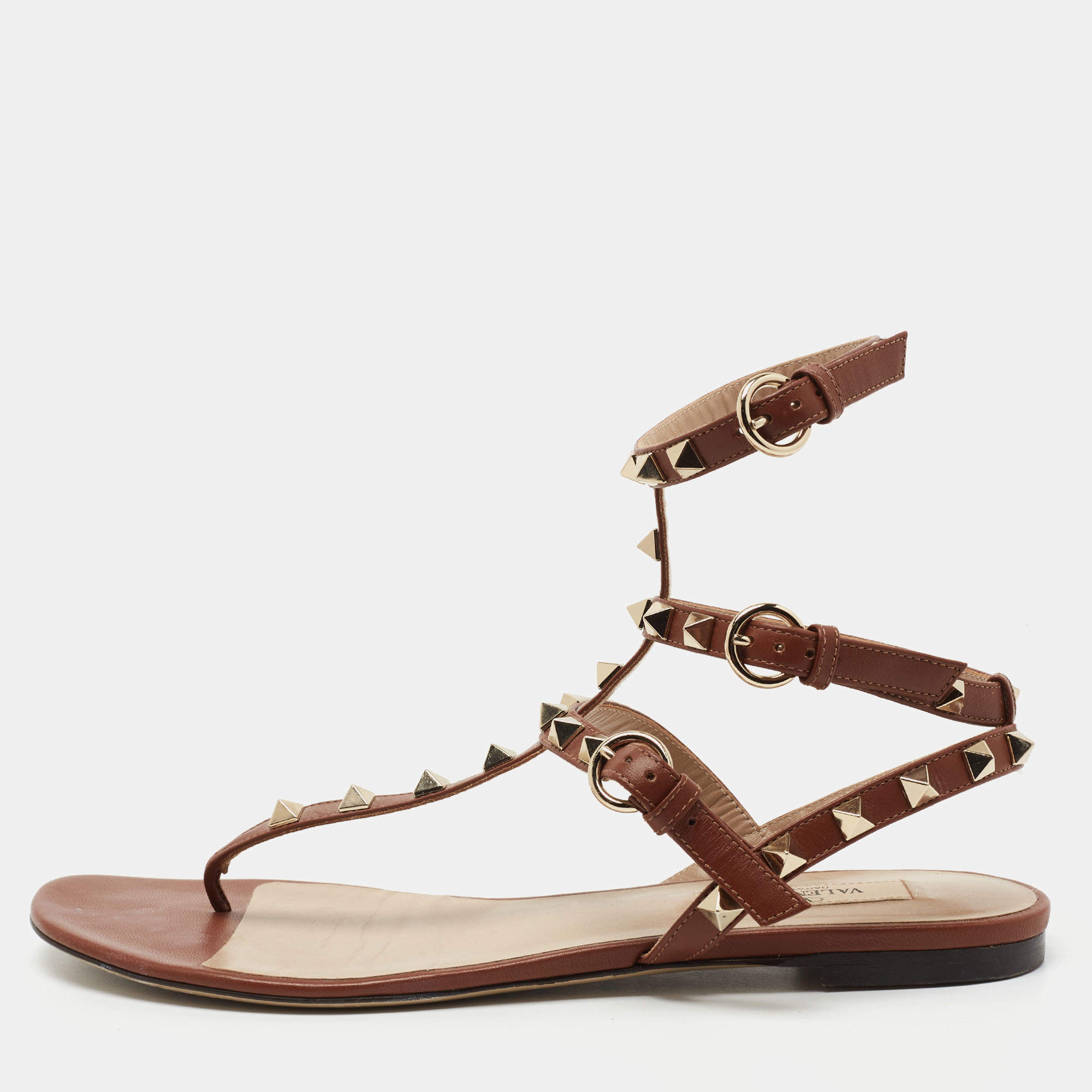 Pre Owned Valentino Brown Leather Rockstud Flat Thong Sandals Size 38