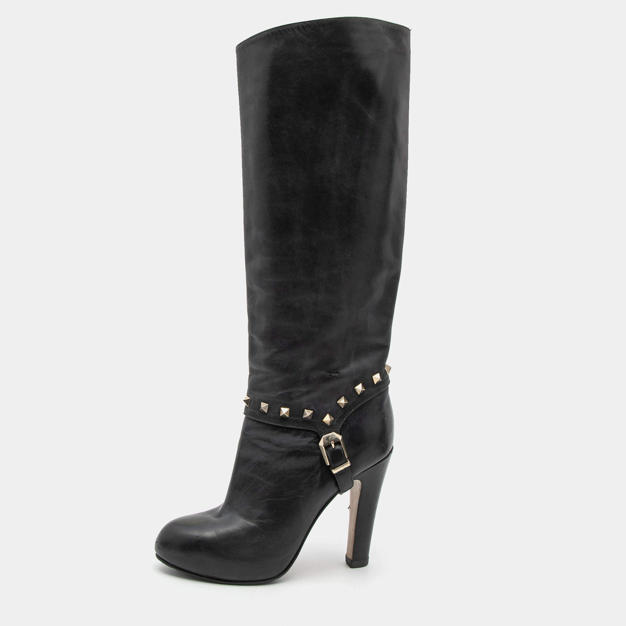 Pre Owned Valentino Black Leather Rockstud Mild Calf Boots Size 38