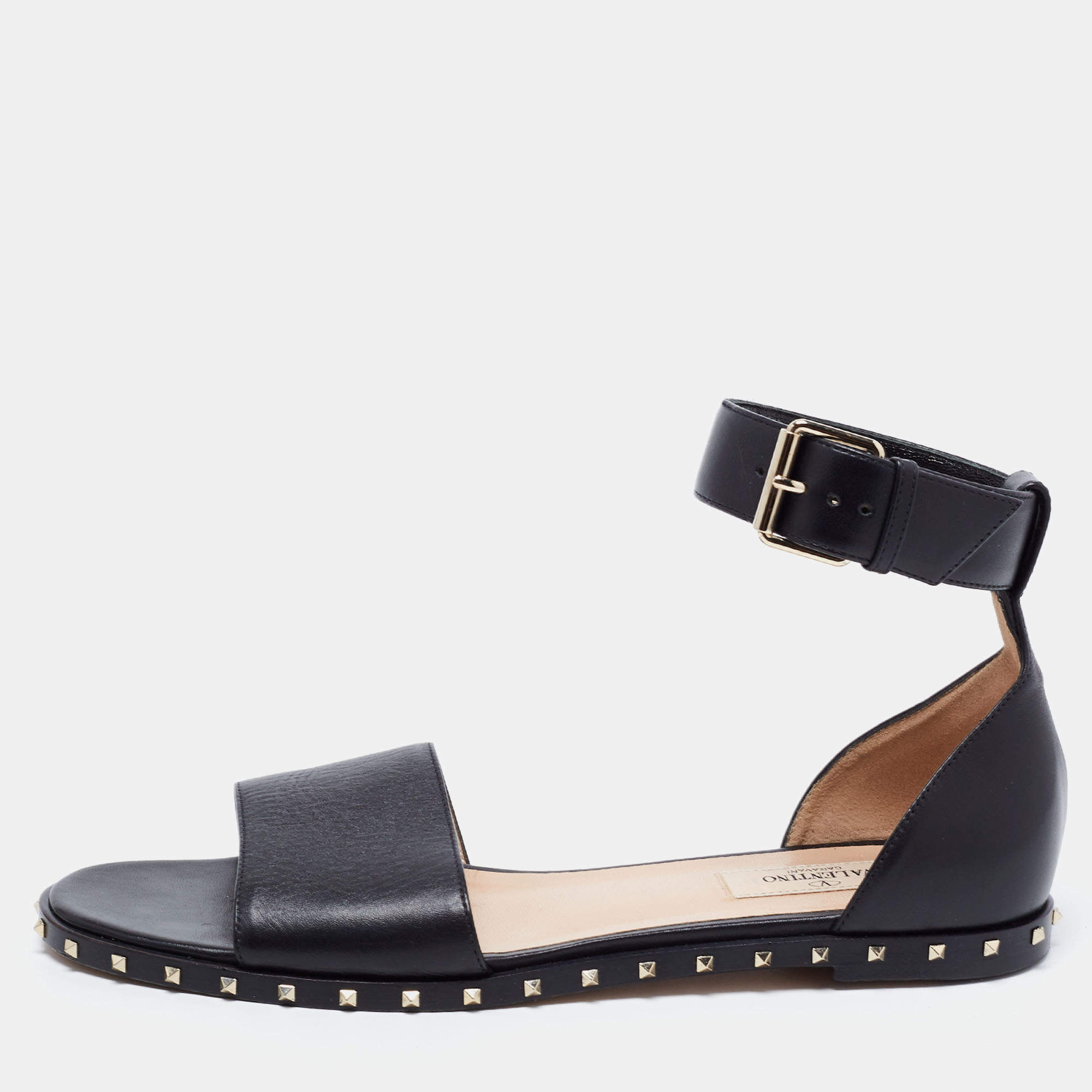 Pre Owned Valentino Black Leather Rockstud Ankle Strap Sandals Size 37.5