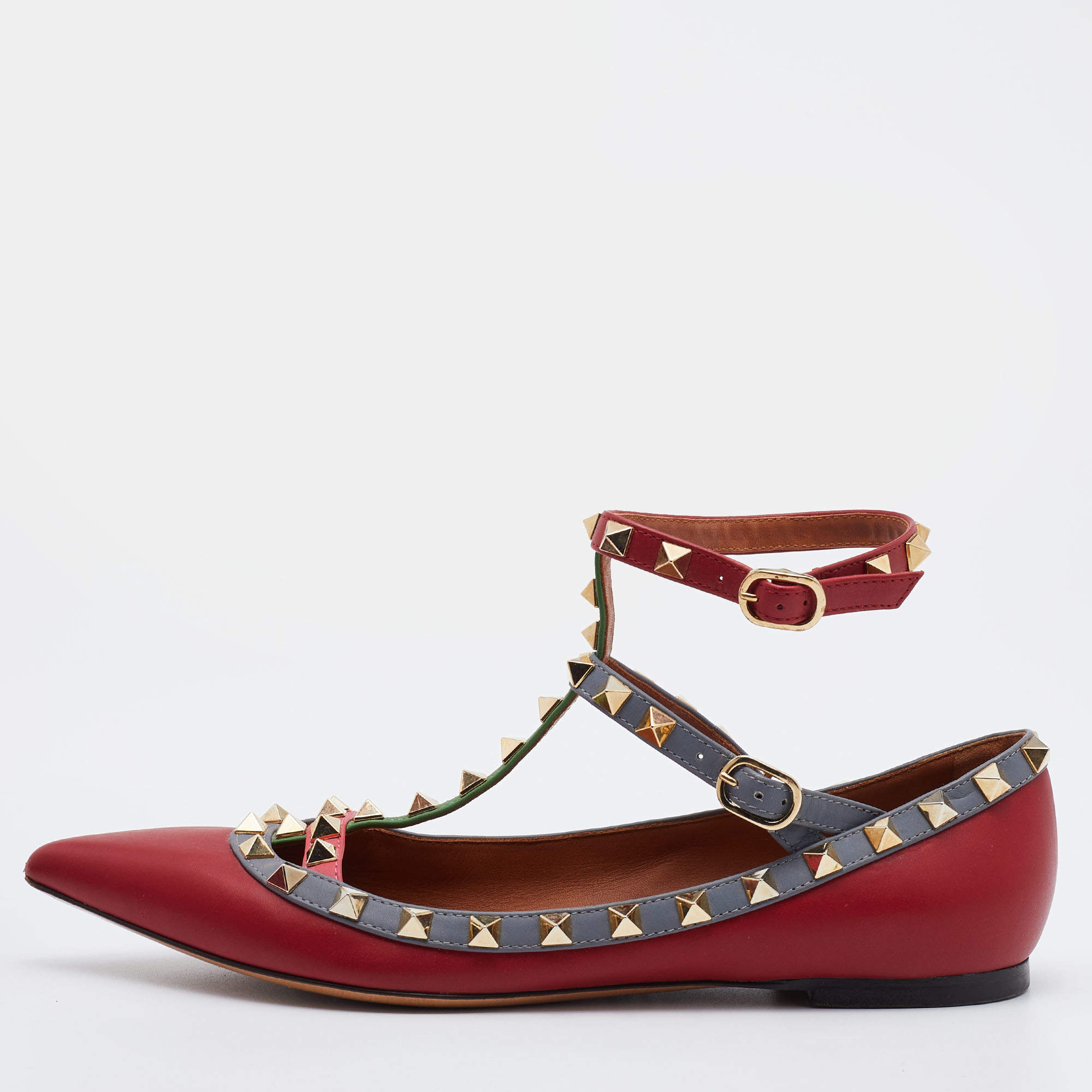 Pre Owned Valentino Red Leather Rockstud Ankle Strap Ballet Flats Size 37.5
