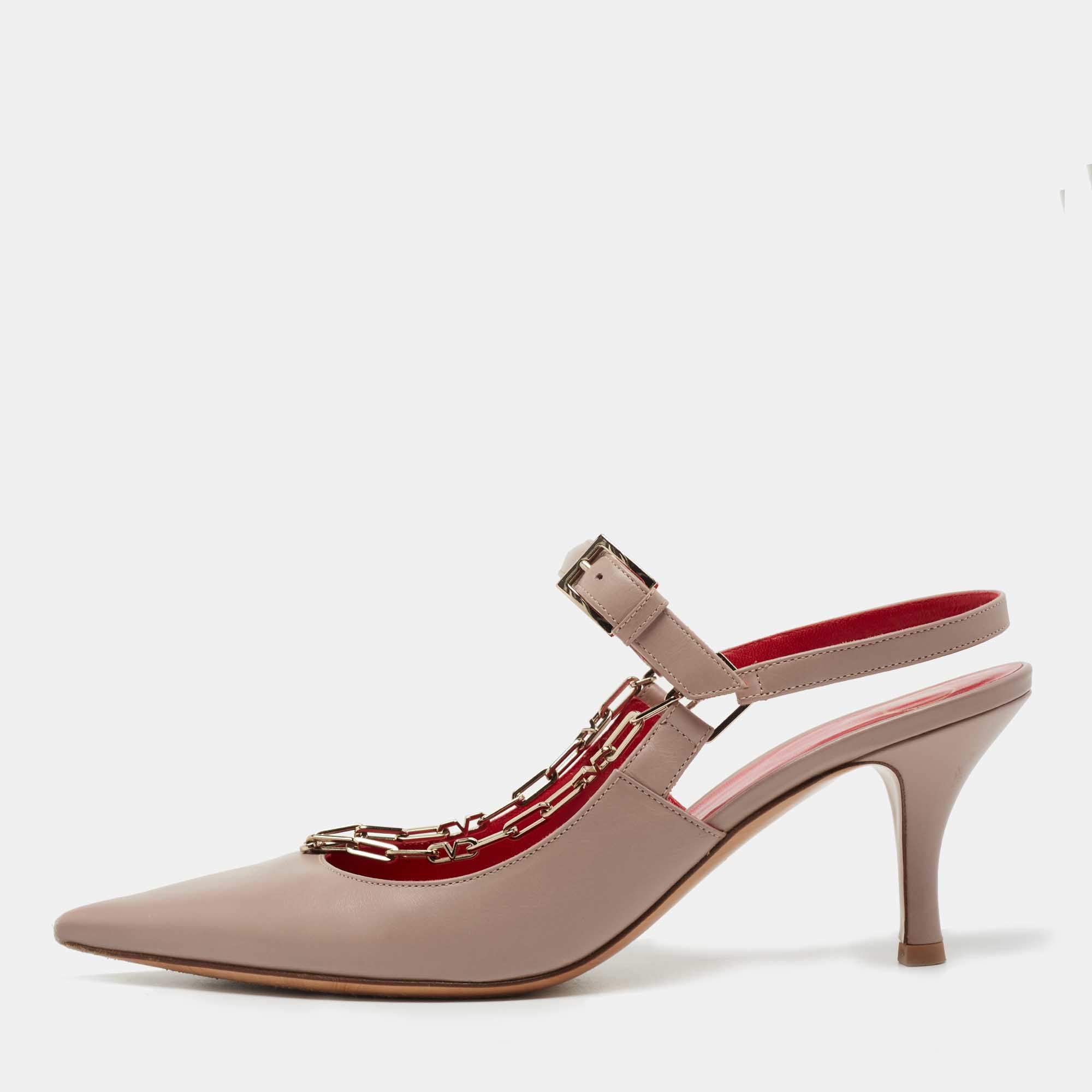 Pre Owned Valentino Dusty Pink Leather Chain Link Slingback Pumps Size 37
