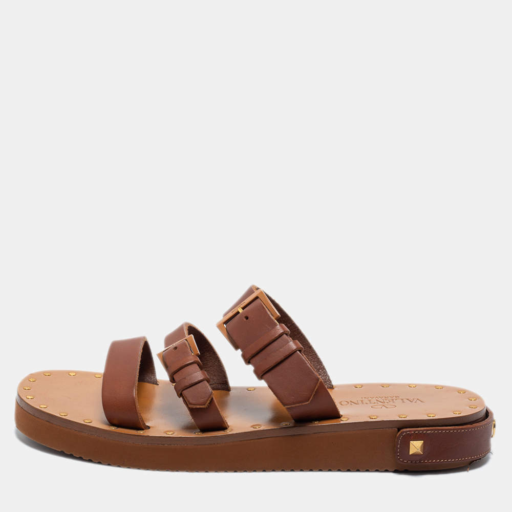 Pre Owned Valentino Brown Leather Rockstud Flat Slides Size 39