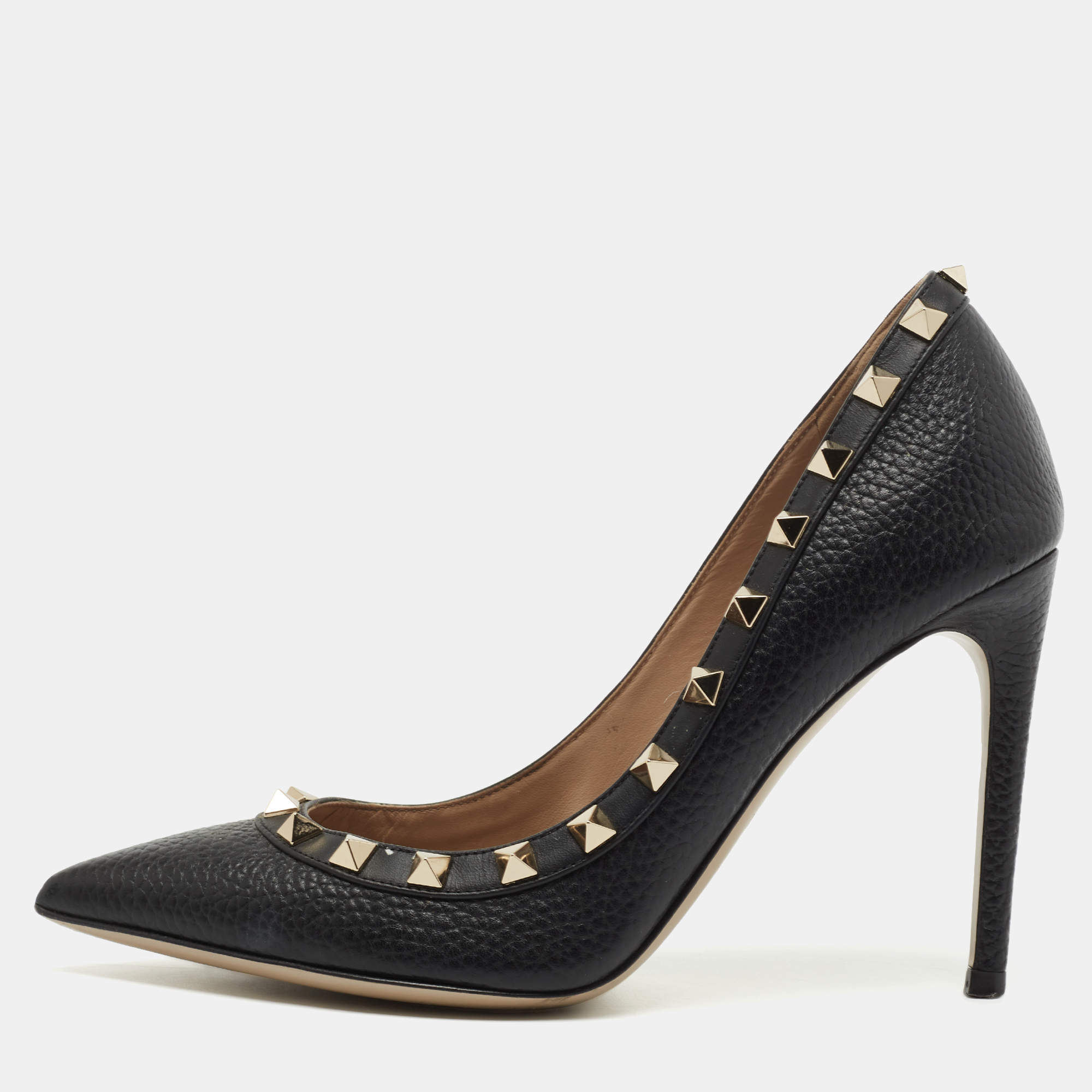 Pre Owned Valentino Black Leather Rockstud Pumps Size 36