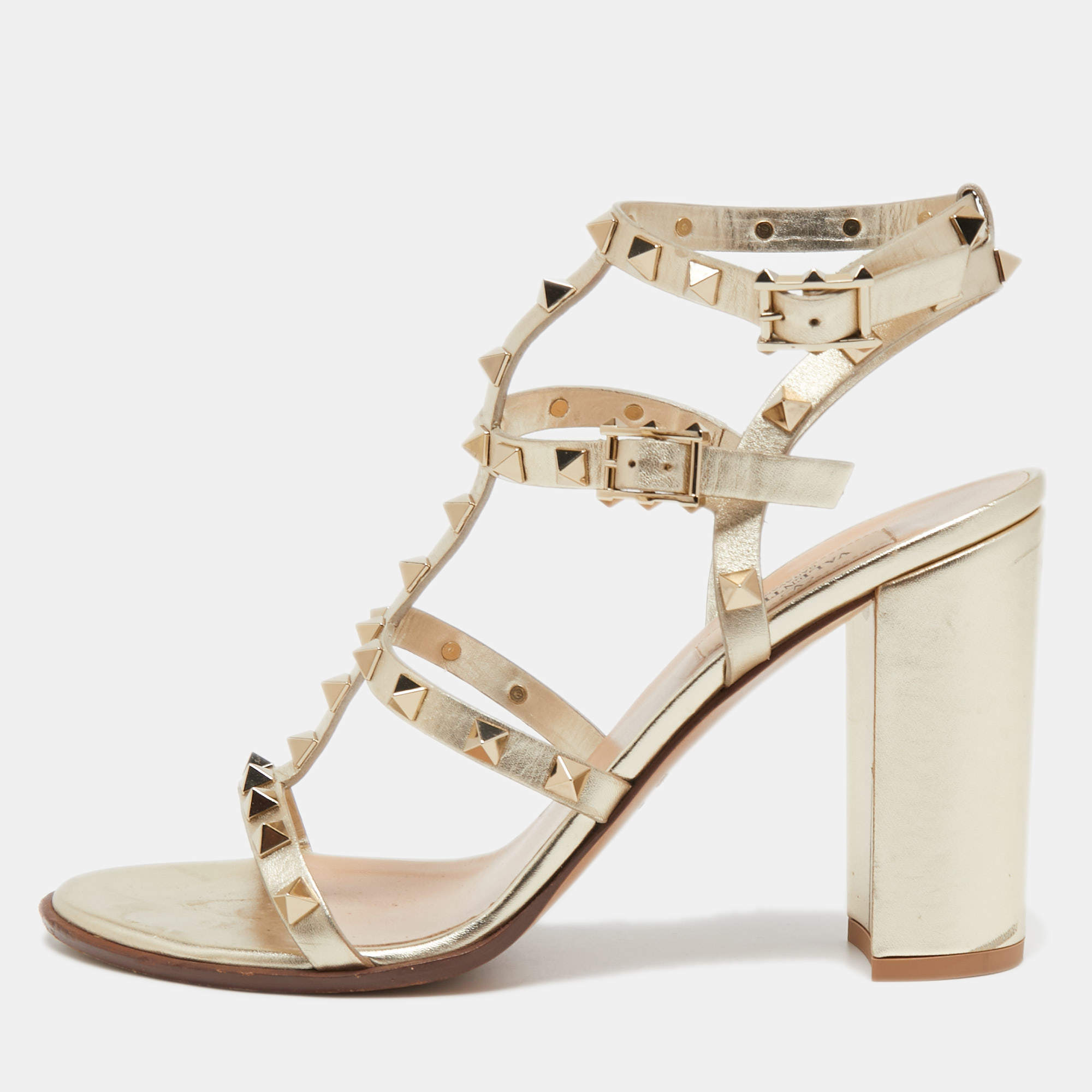 Pre Owned Valentino Metallic Gold Leather Rockstud Ankle Strap Sandals Size 39.5