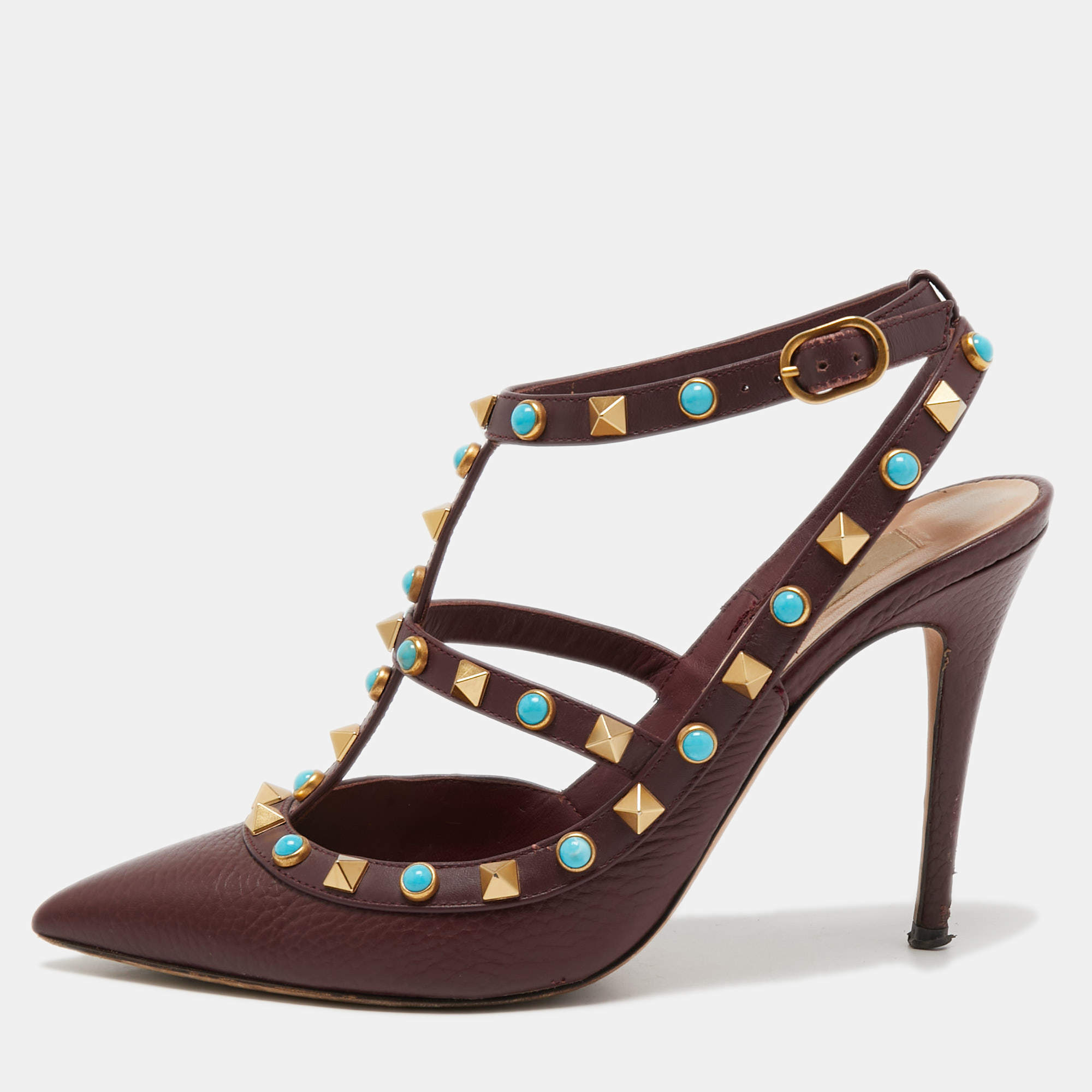 Pre Owned Valentino Burgundy Leather Rolling Rockstud Ankle Strap Pumps Size 36.5