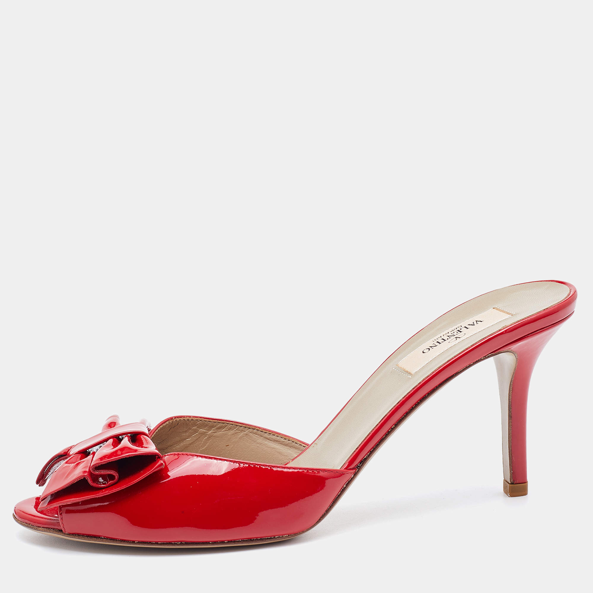 Pre Owned Valentino Red Patent Leather Bow Slide Sandals Size 40