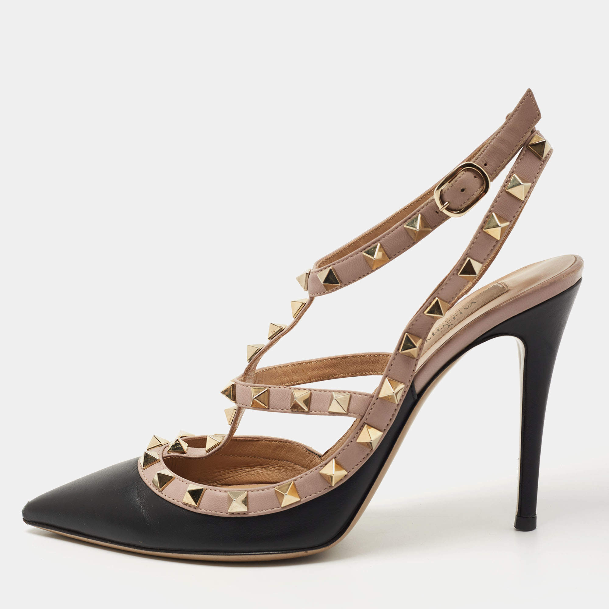 مملوكة مسبقًا Valentino Black Leather Rockstud Ankle Strap Pumps Size 38.5