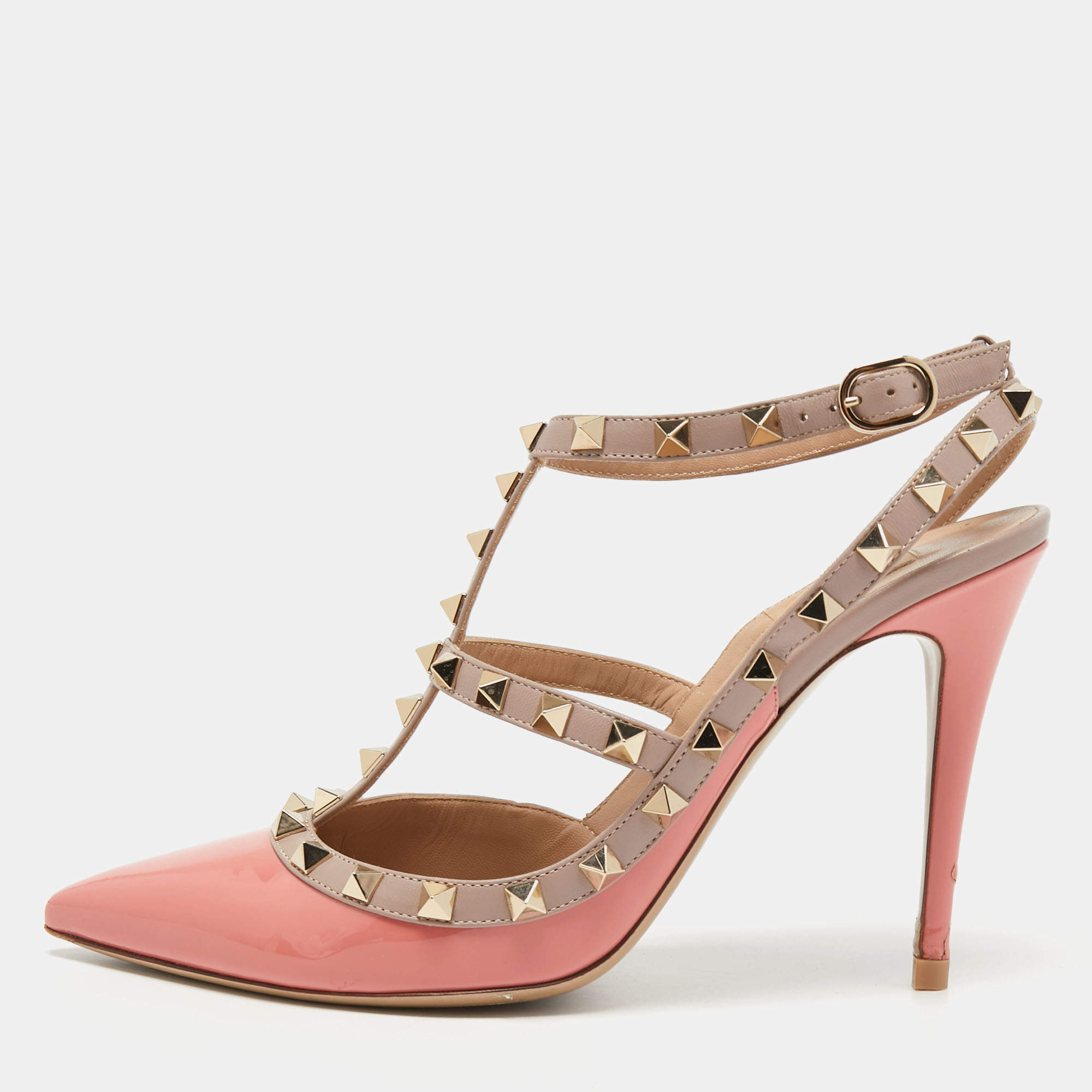 Pre Owned Valentino Pink/Beige Patent and Leather Rockstud Pumps Size 39