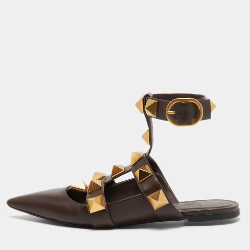 Pre Owned Valentino Brown Leather Roman Stud Ankle Strap Flats Size 39