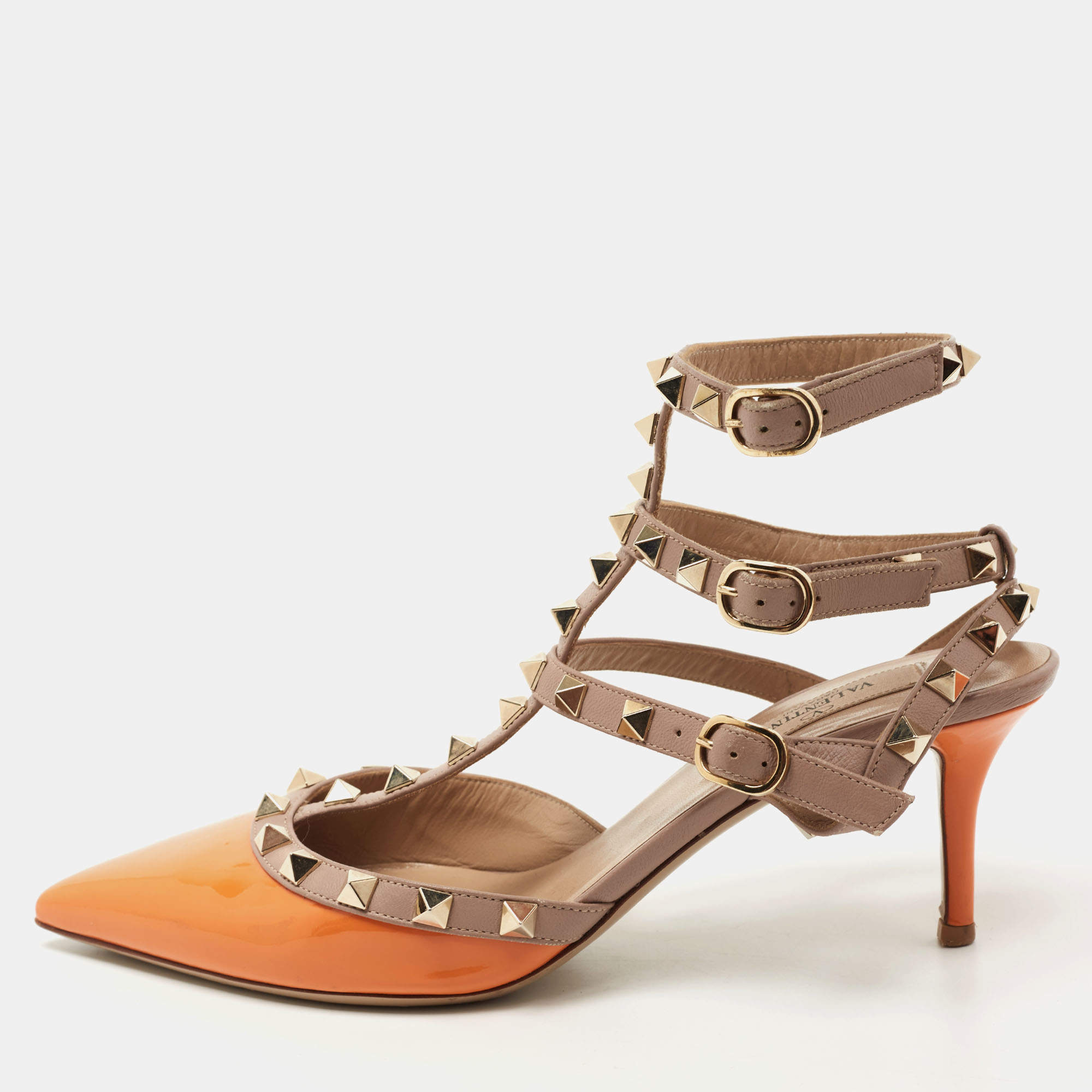 Pre Owned Valentino Orange Patent Leather Rockstud Ankle Strap Pumps Size 37.5