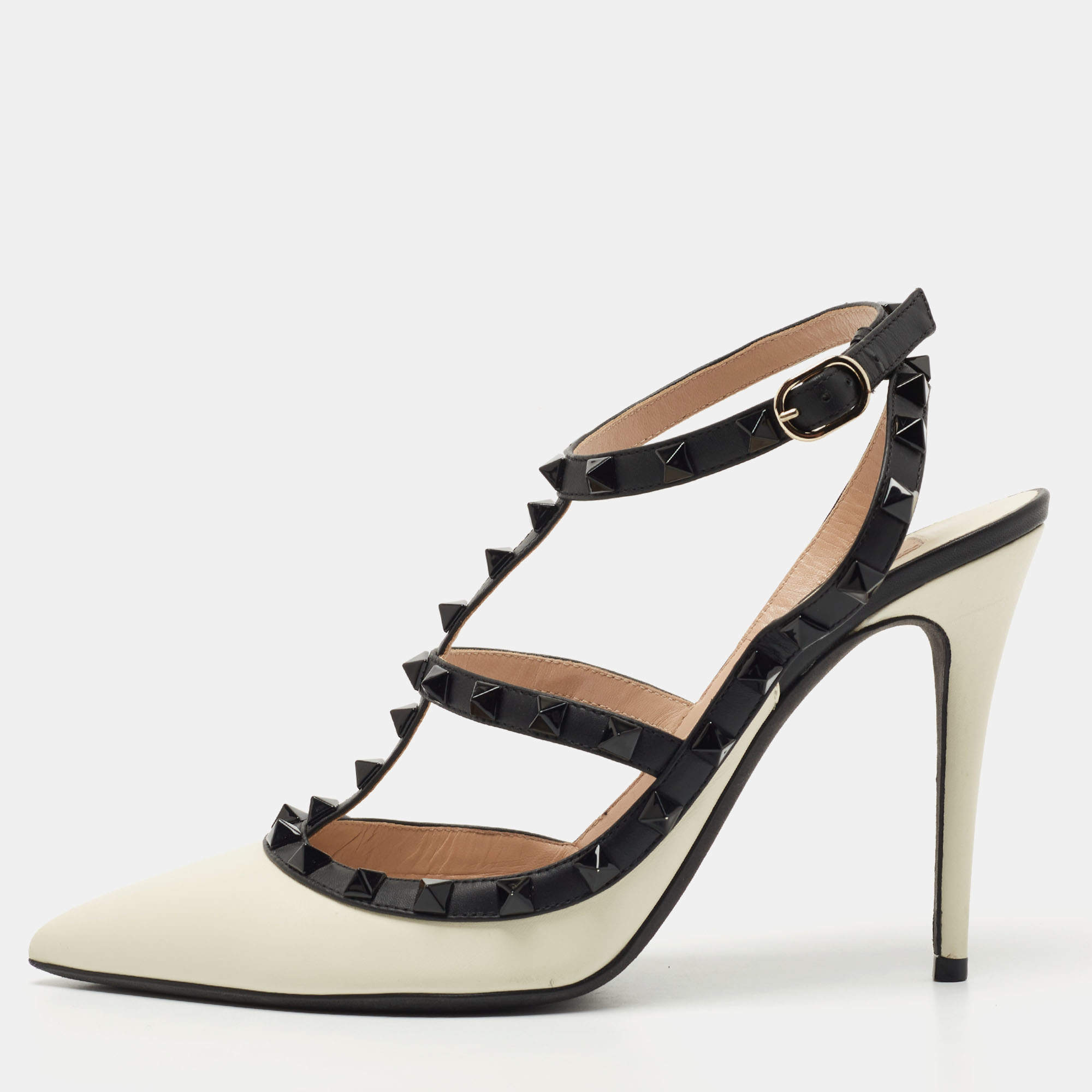 Pre Owned Valentino White/Black Leather Rockstud Ankle Strap Pumps Size 39.5