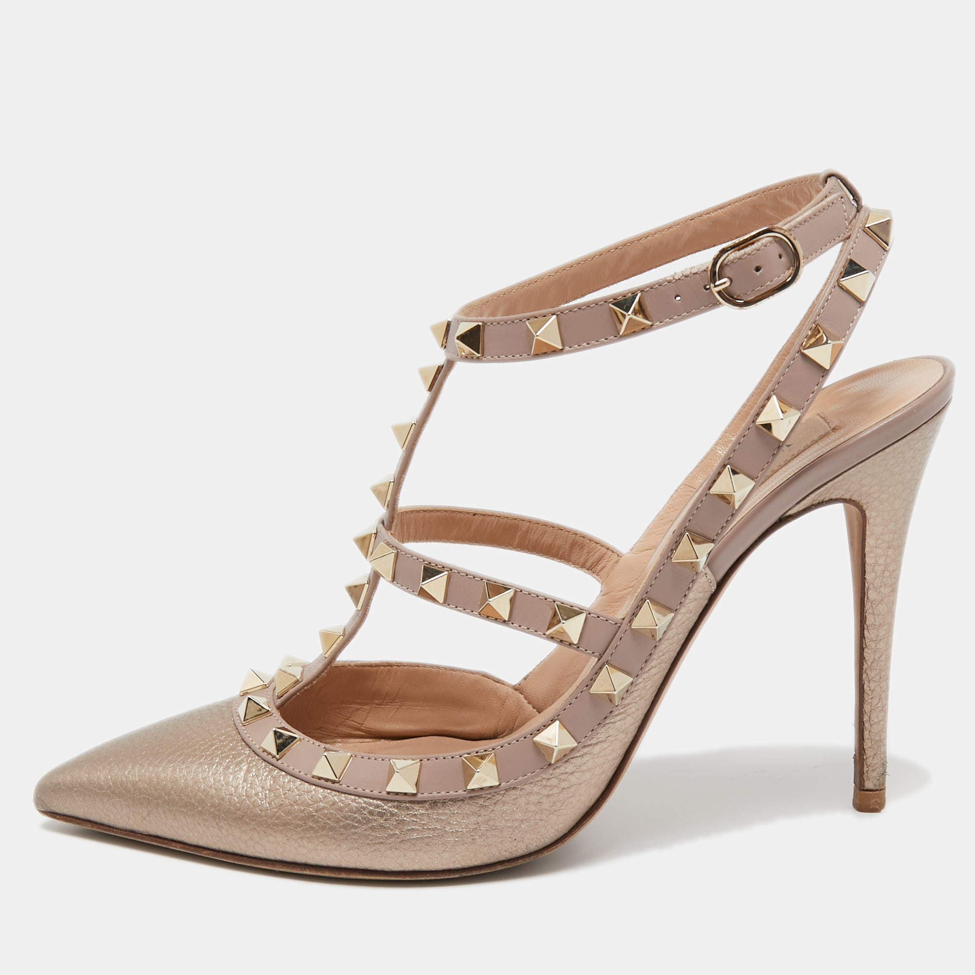 Pre Owned Valentino Metallic Pink Leather Rockstud Ankle Strap Pumps Size 39