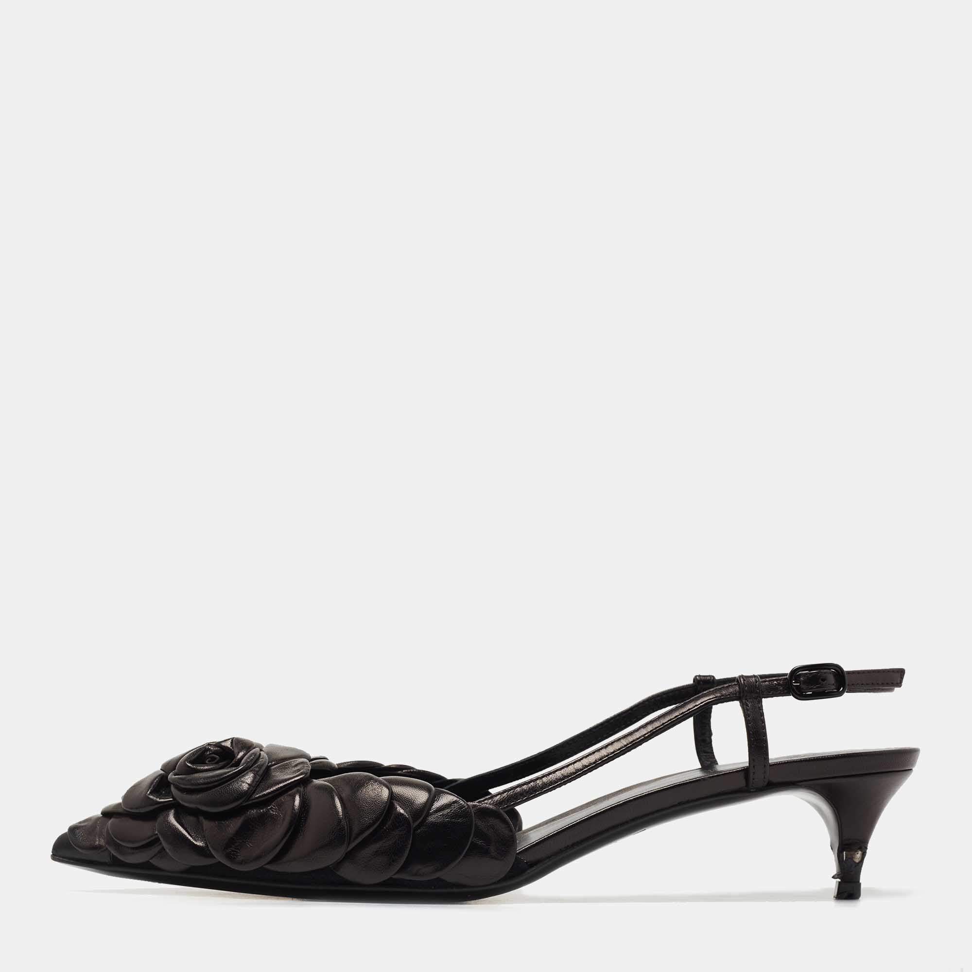 Pre Owned Valentino Black Leather 03 Rose Edition Atelier Slingback Pumps Size 37.5