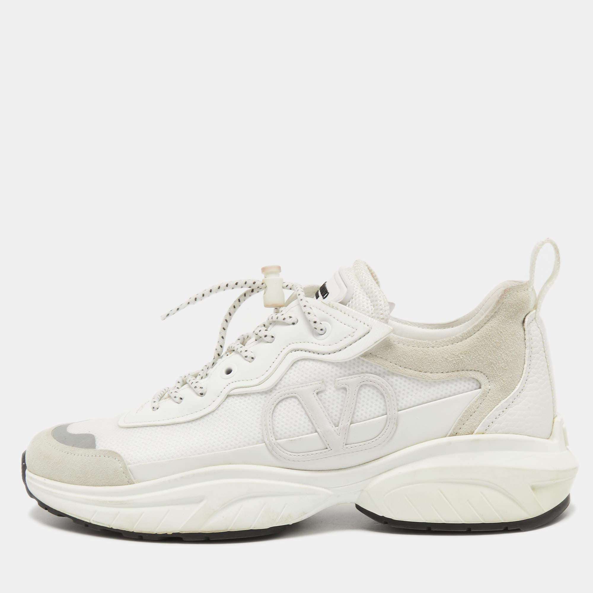 Pre Owned Valentino White/Grey Leather and Suede Lace Up Sneakers Size 39.5