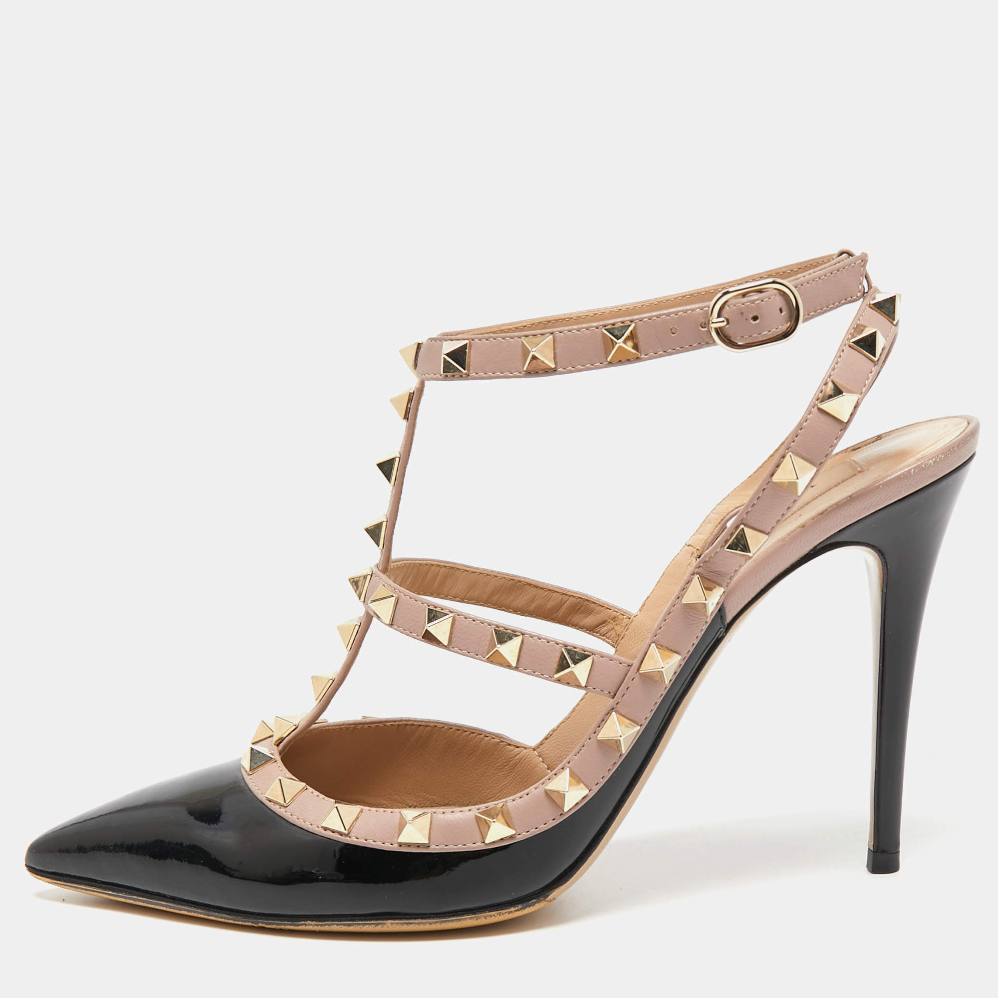 Pre Owned Valentino Black Patent Leather Rockstud Ankle Strap Pumps Size 40.5