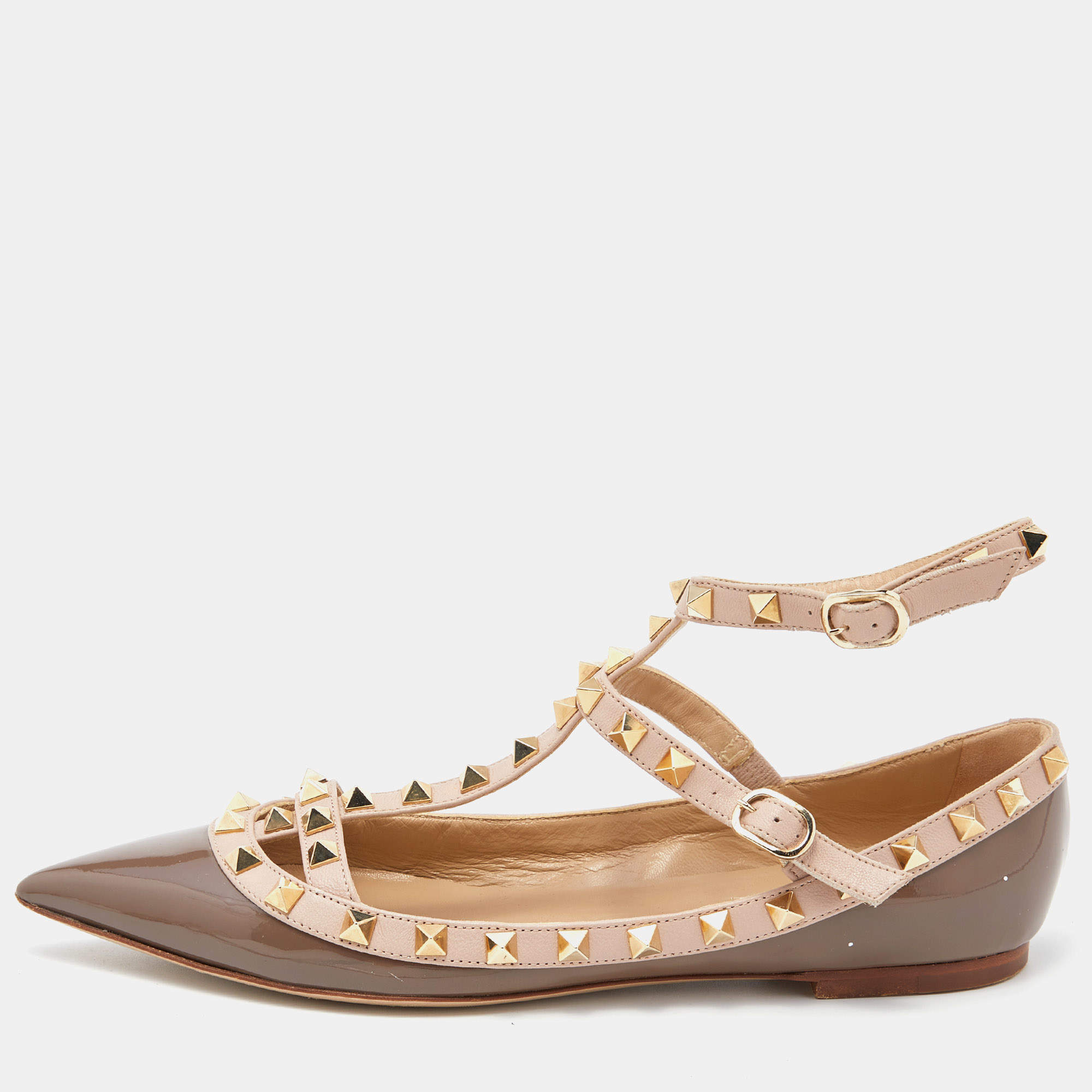Pre Owned Valentino Brown/Beige Patent Leather Rockstud Caged Ballet Flats Size 38