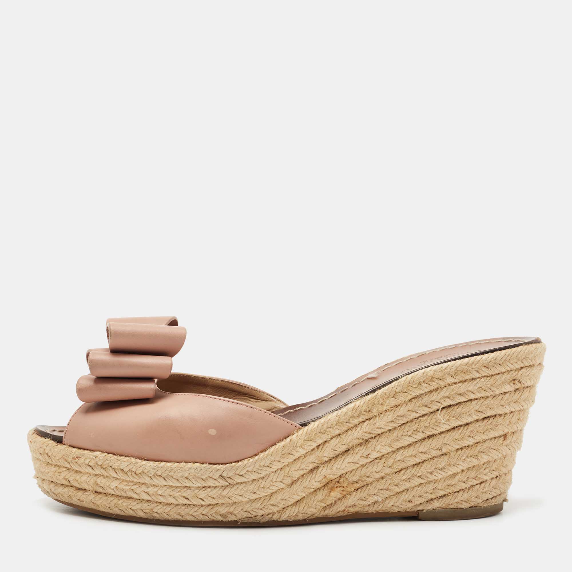 Pre Owned Valentino Pink Leather Studded Bow Espadrille Slide Sandals Size 40.5