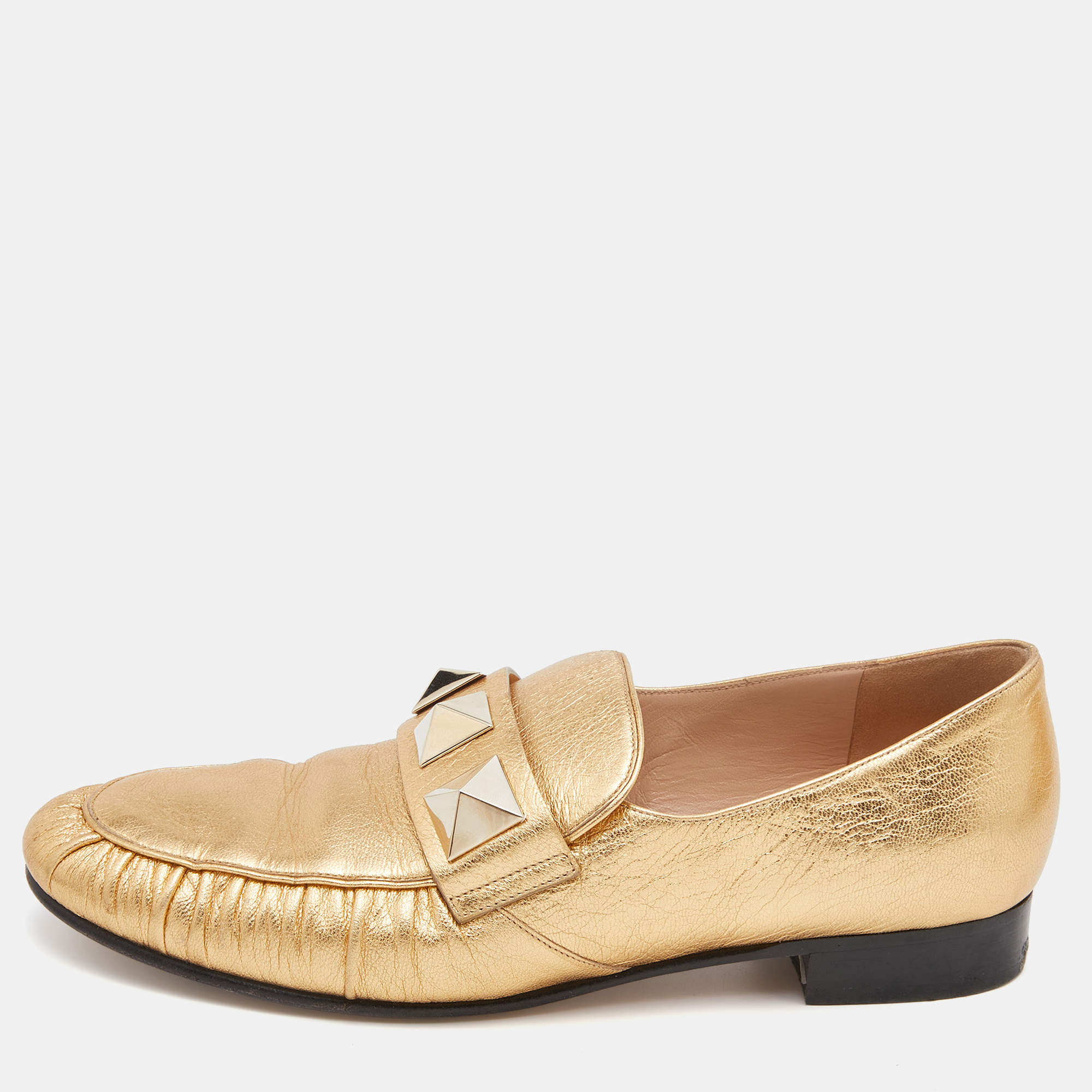 Pre Owned Valentino Metallic Gold Leather Rockstud Slip On Loafers Size 36.5