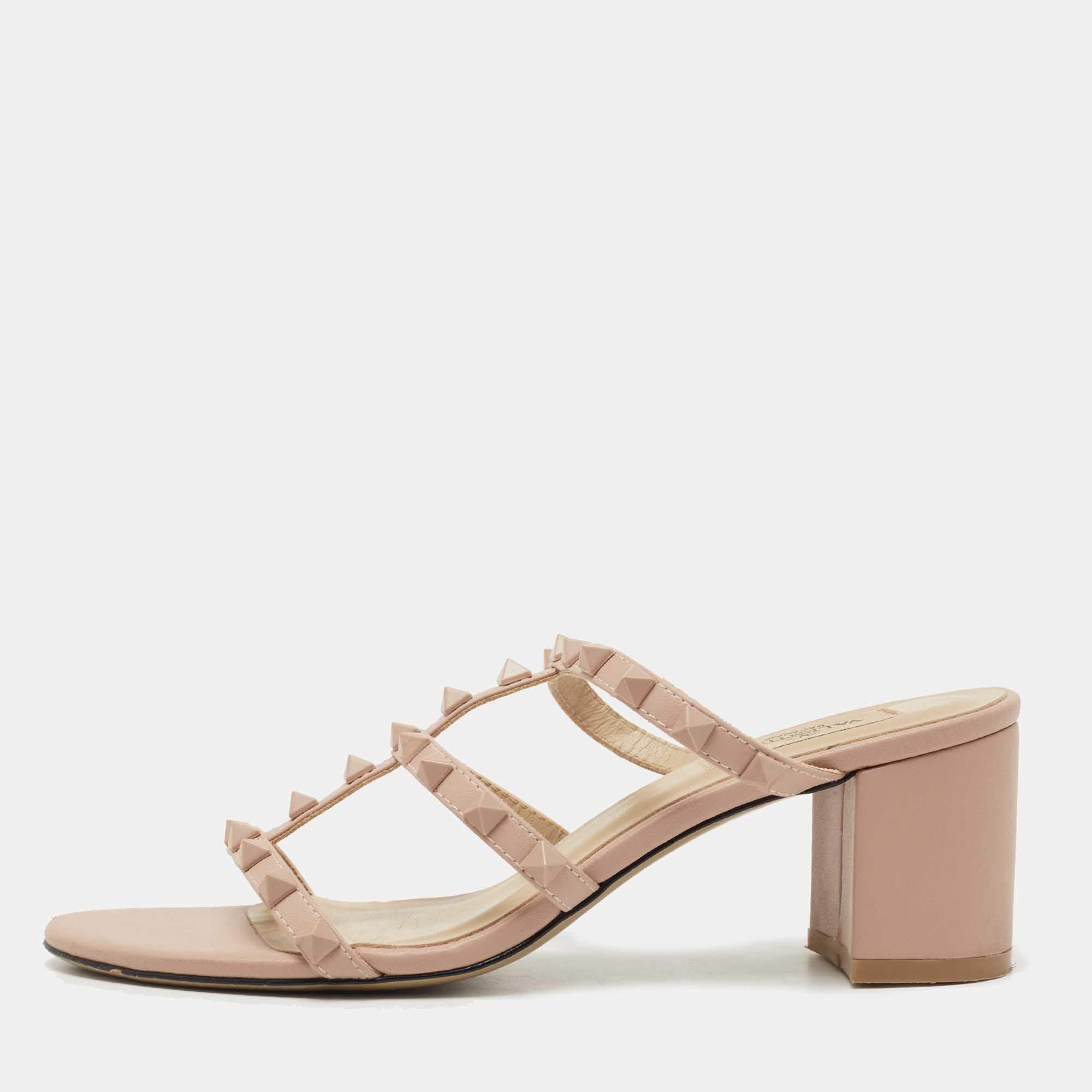 Pre Owned Valentino Dusty Pink Leather Rockstud Slide Sandals Size 38