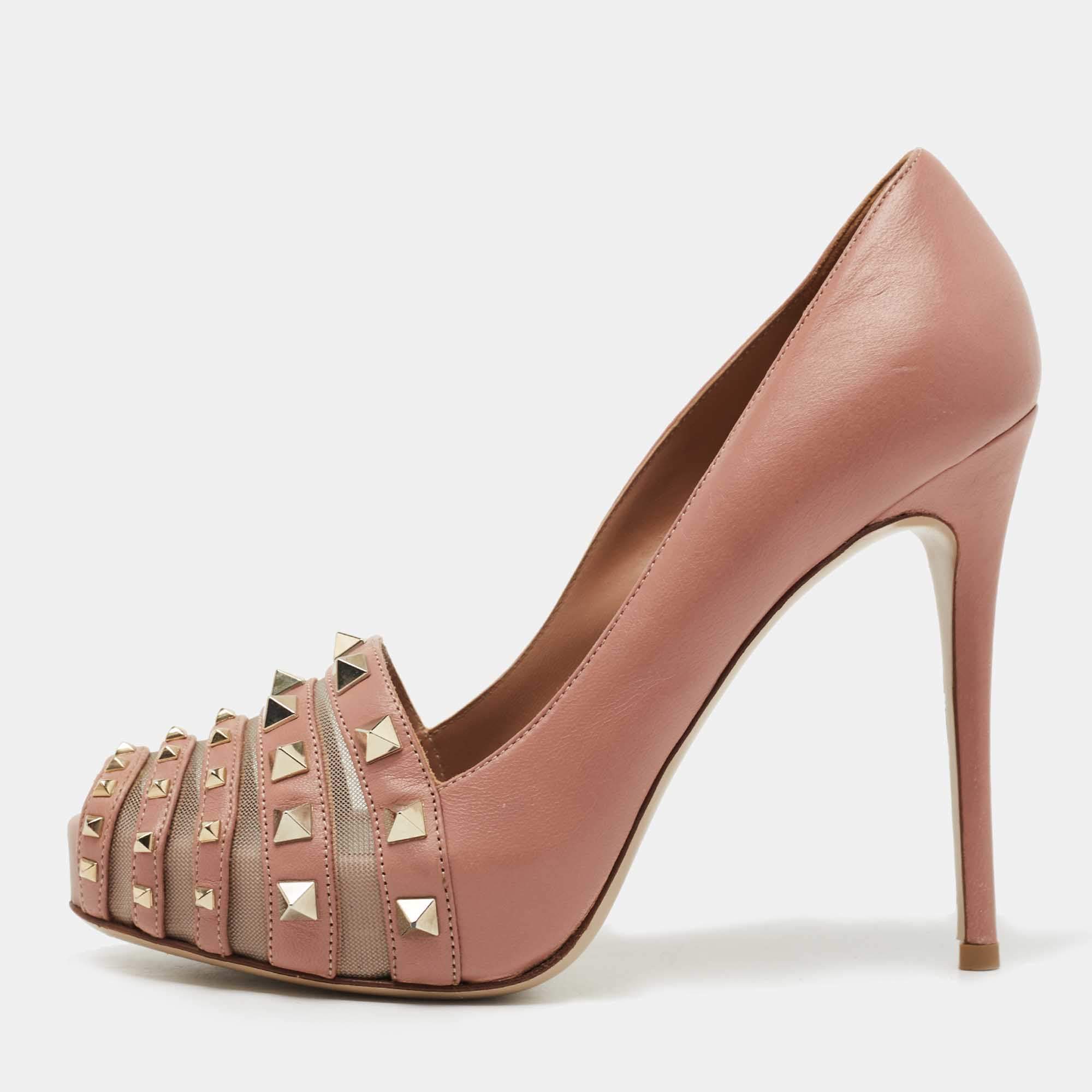 Pre Owned Valentino Dusty Pink Leather and Net Rockstud Peep Toe Pumps Size 36.5