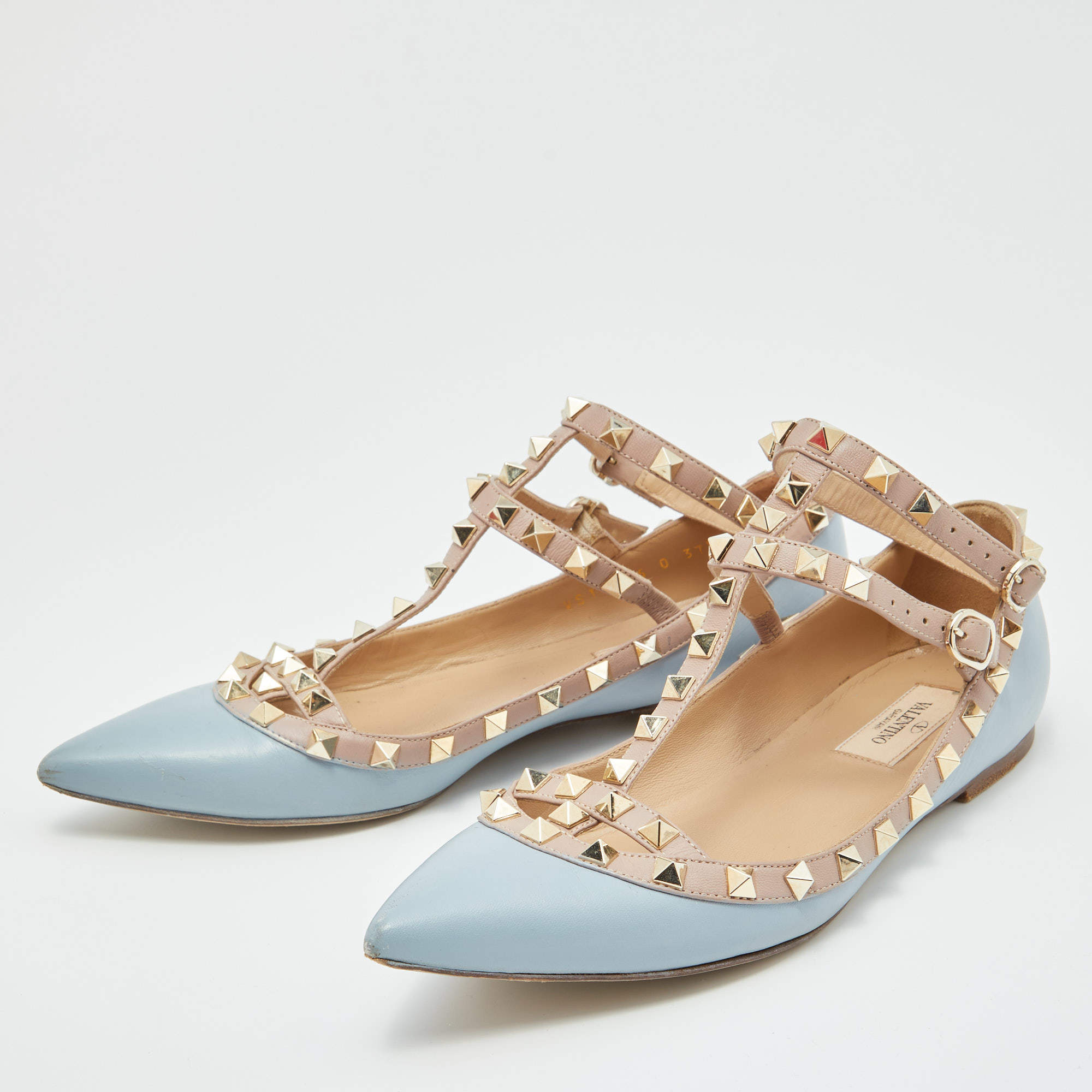 Valentino Blue/Beige Leather Rockstud Ankle Strap Ballet Flats 37.5 Valentino | TLC