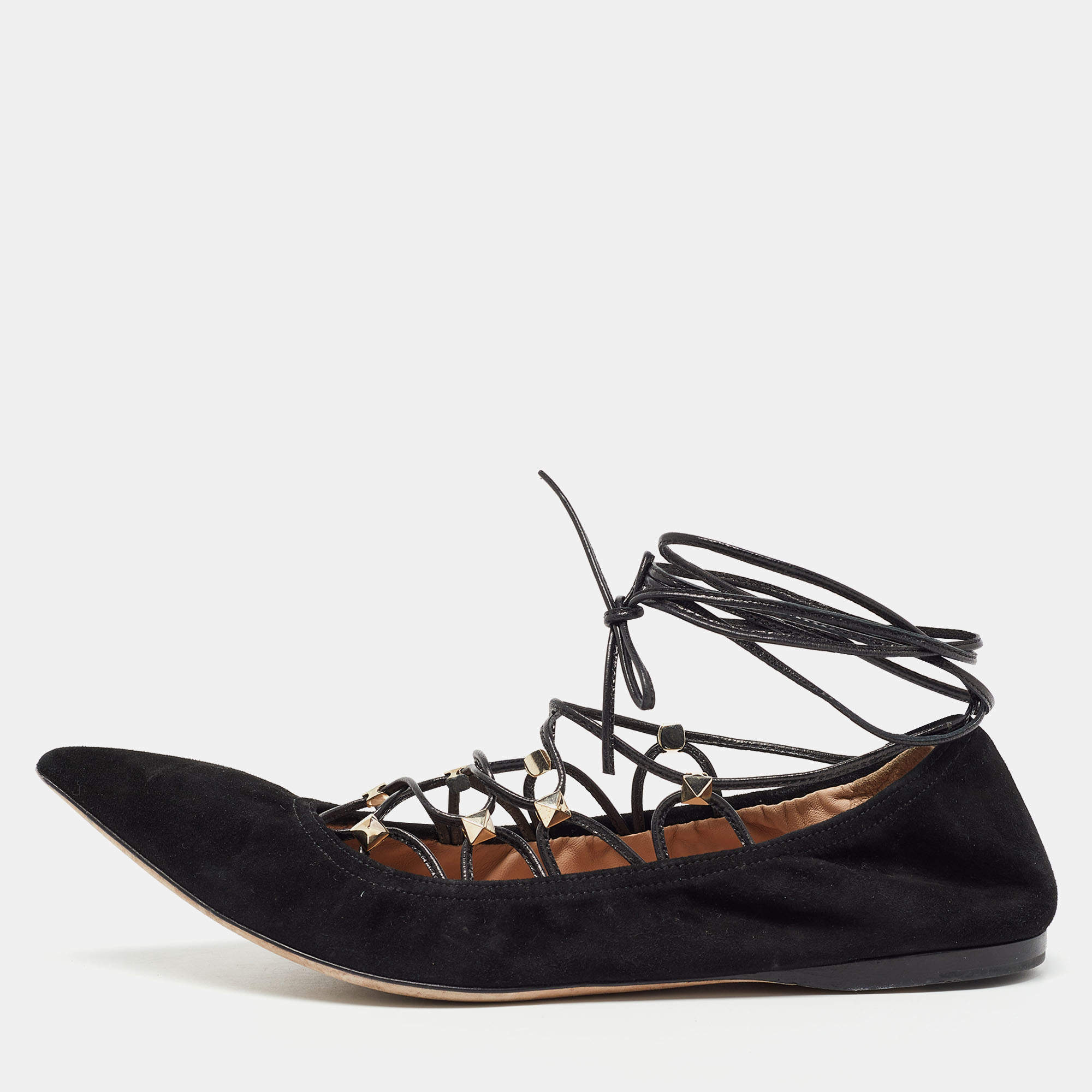 Pre Owned Valentino Black Leather and  Suede Rockstud Ballet Flats Size 36.5