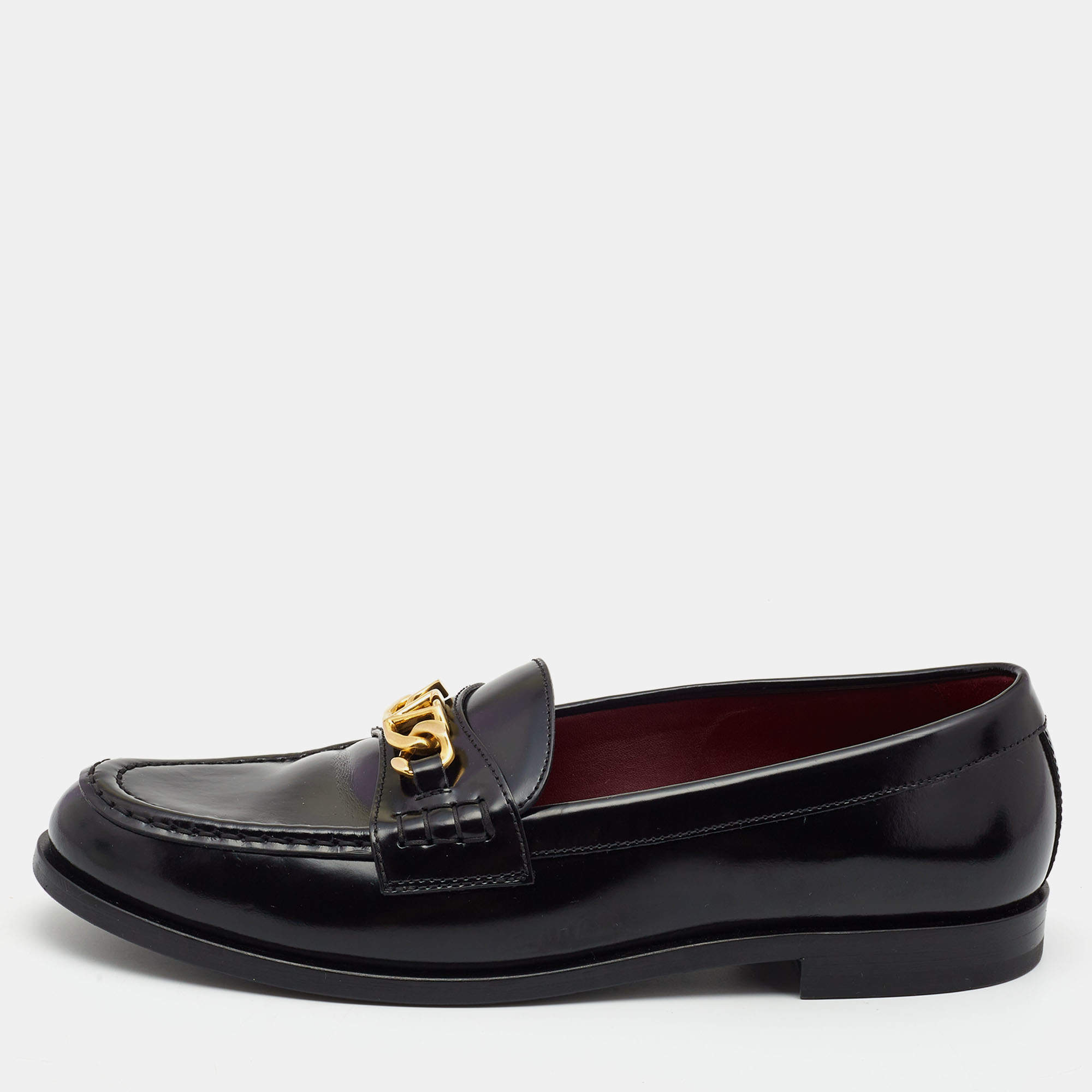 Pre Owned Valentino Black Leather V Logo Chain Loafers Size 41