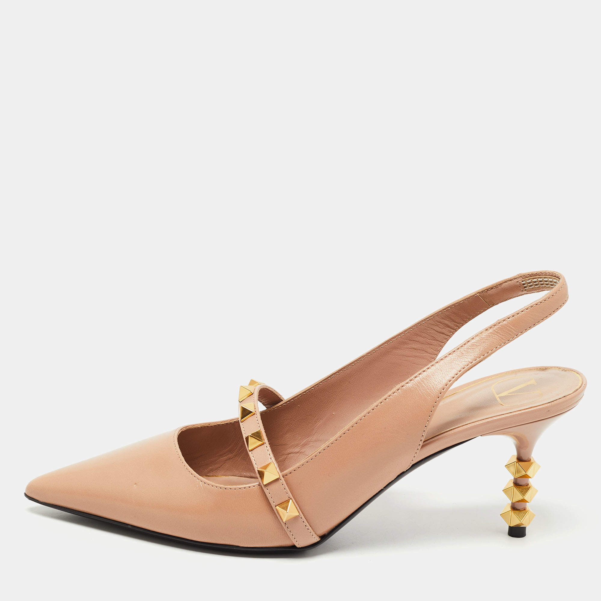 Pre Owned Valentino Beige Leather Rockstud Slingback Pumps Size 37.5