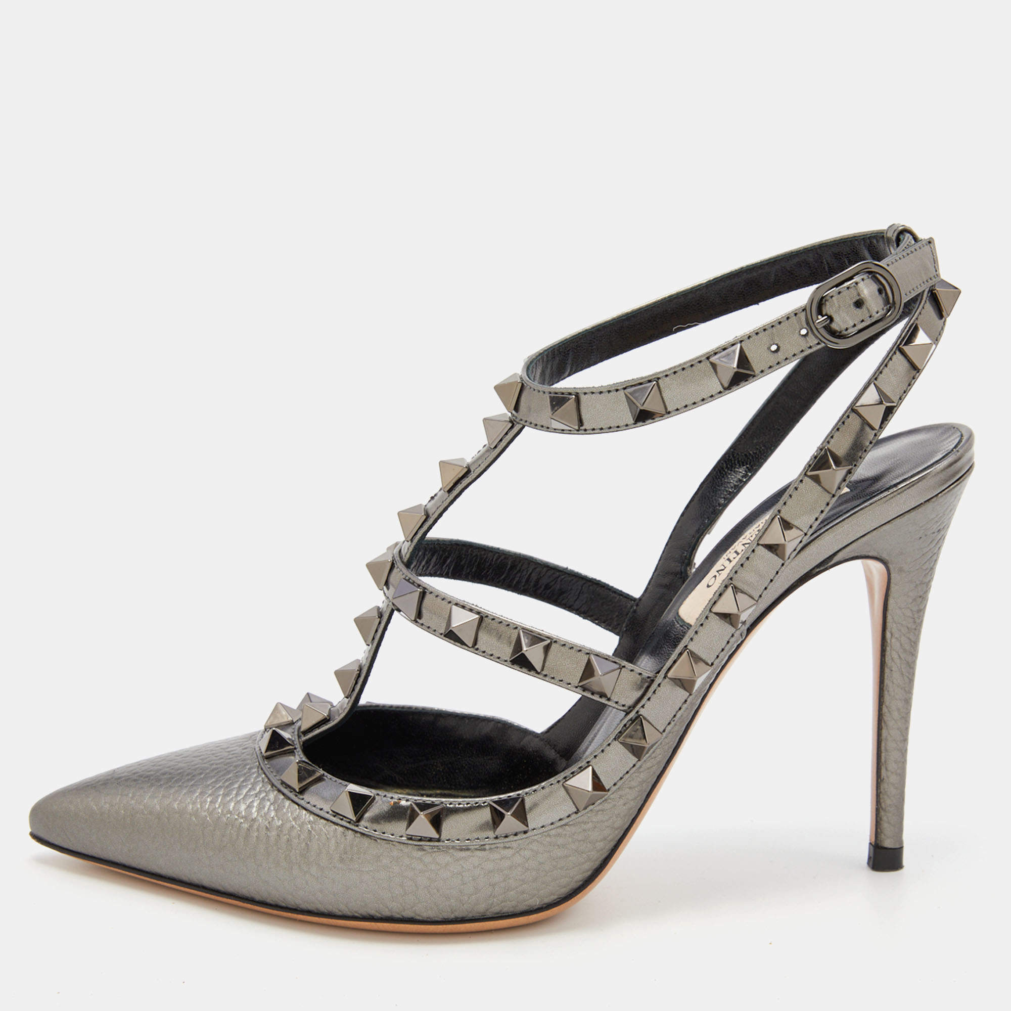 Pre Owned Valentino Metallic Grey Leather Rockstud Caged Ankle Strap Pumps Size 37.5