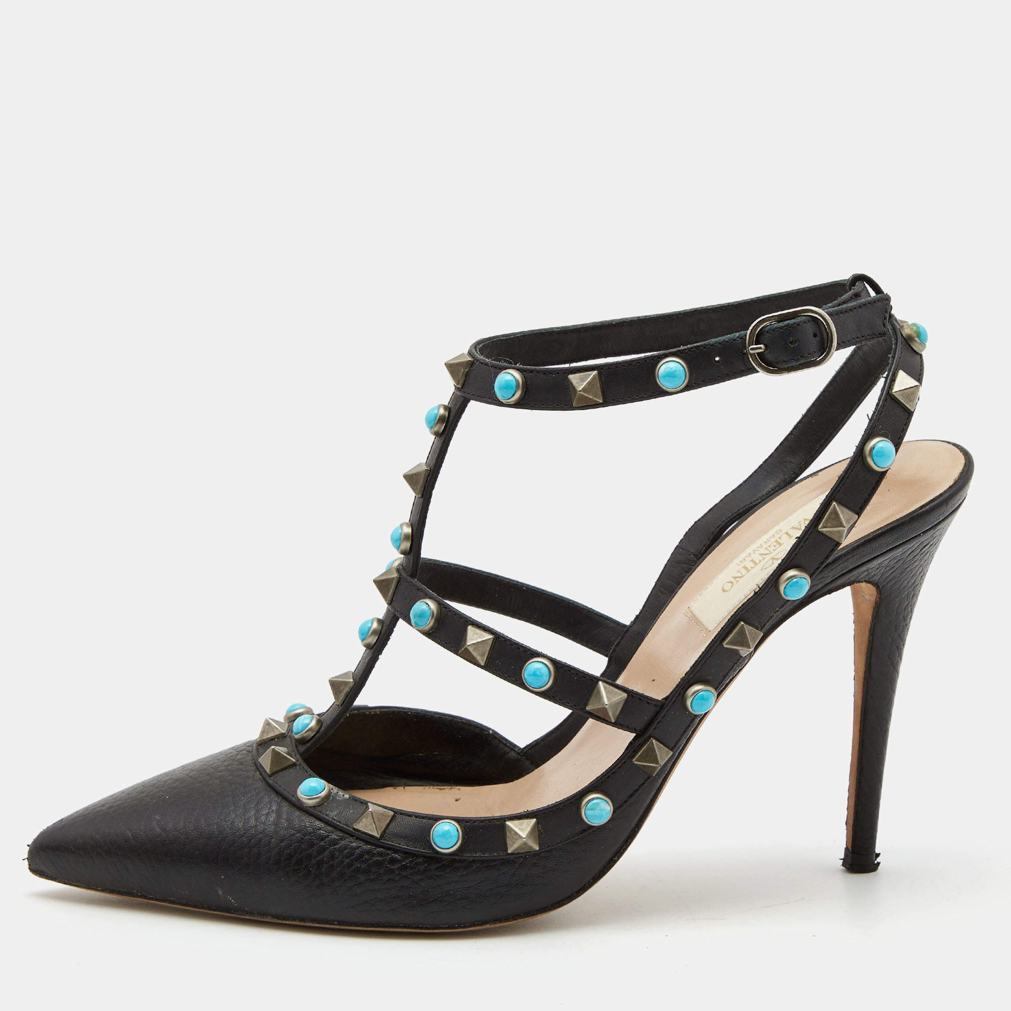 Pre Owned Valentino Black Leather Rockstud Ankle Strap Pumps Size 39 