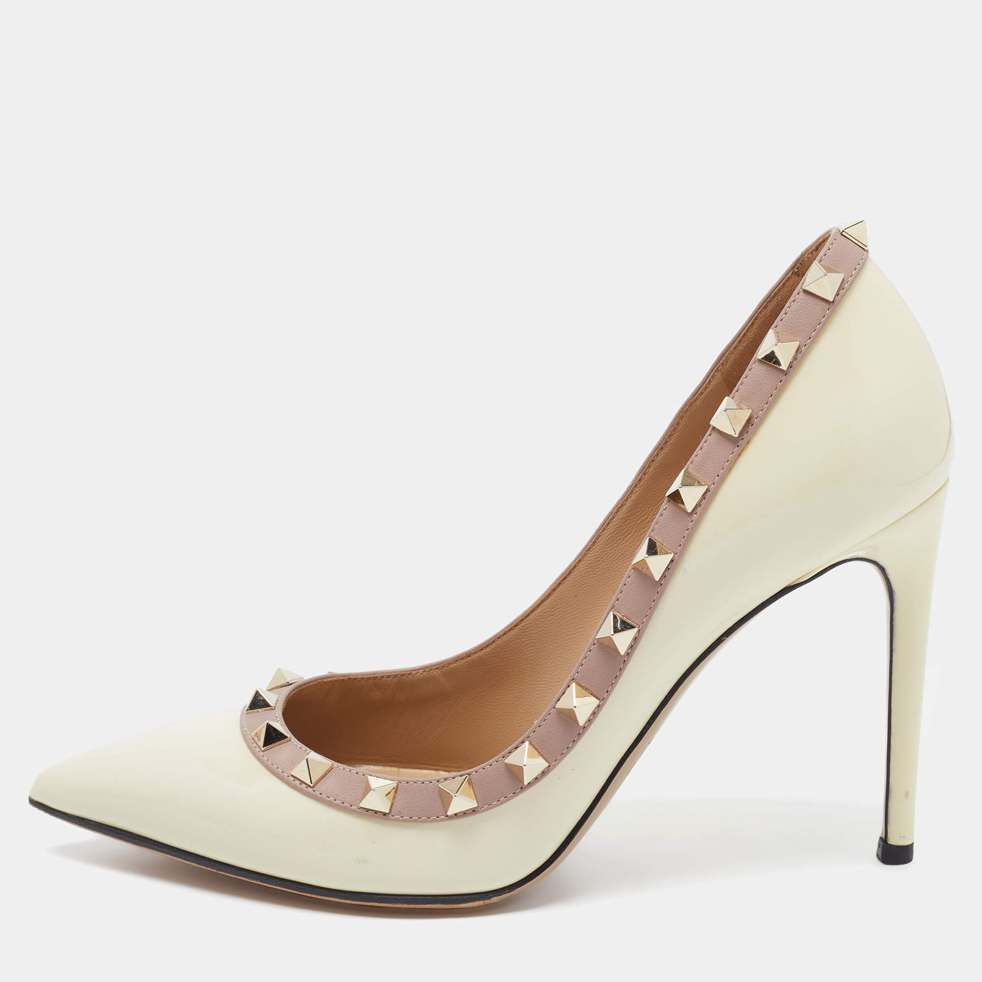 Pre Owned Valentino Cream Patent Leather Rockstud Pumps Size 37.5