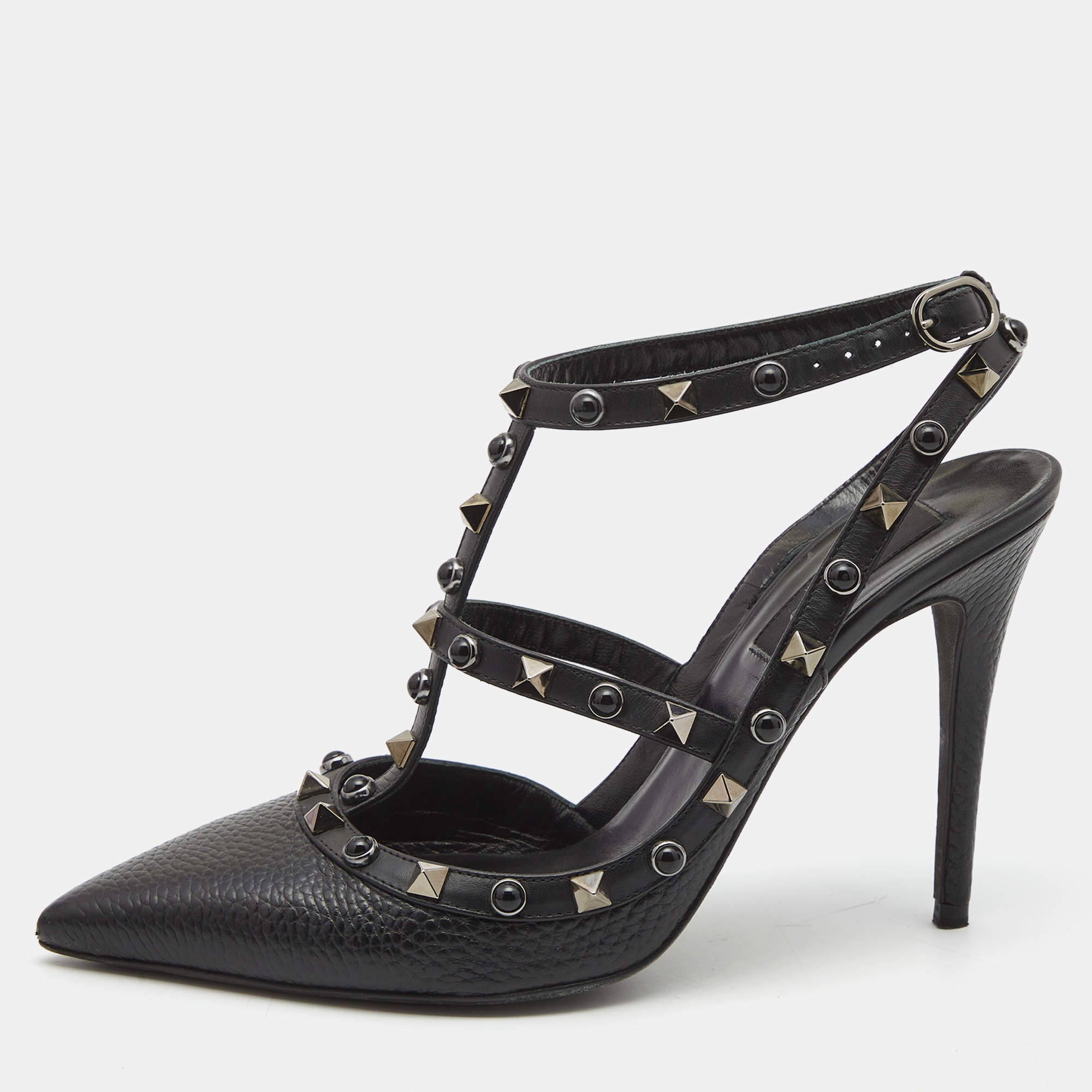 Pre Owned Valentino Black Leather Rockstud Ankle Strap Pumps Size 38.5