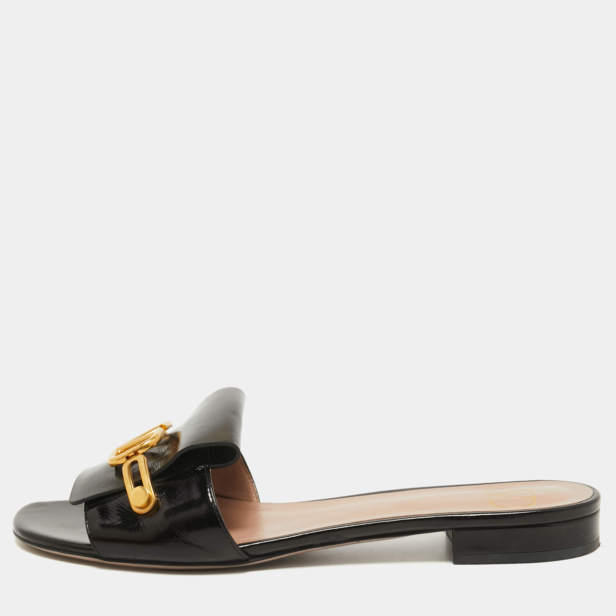 Pre Owned Valentino Black Leather V Logo Flat Slides Size 39
