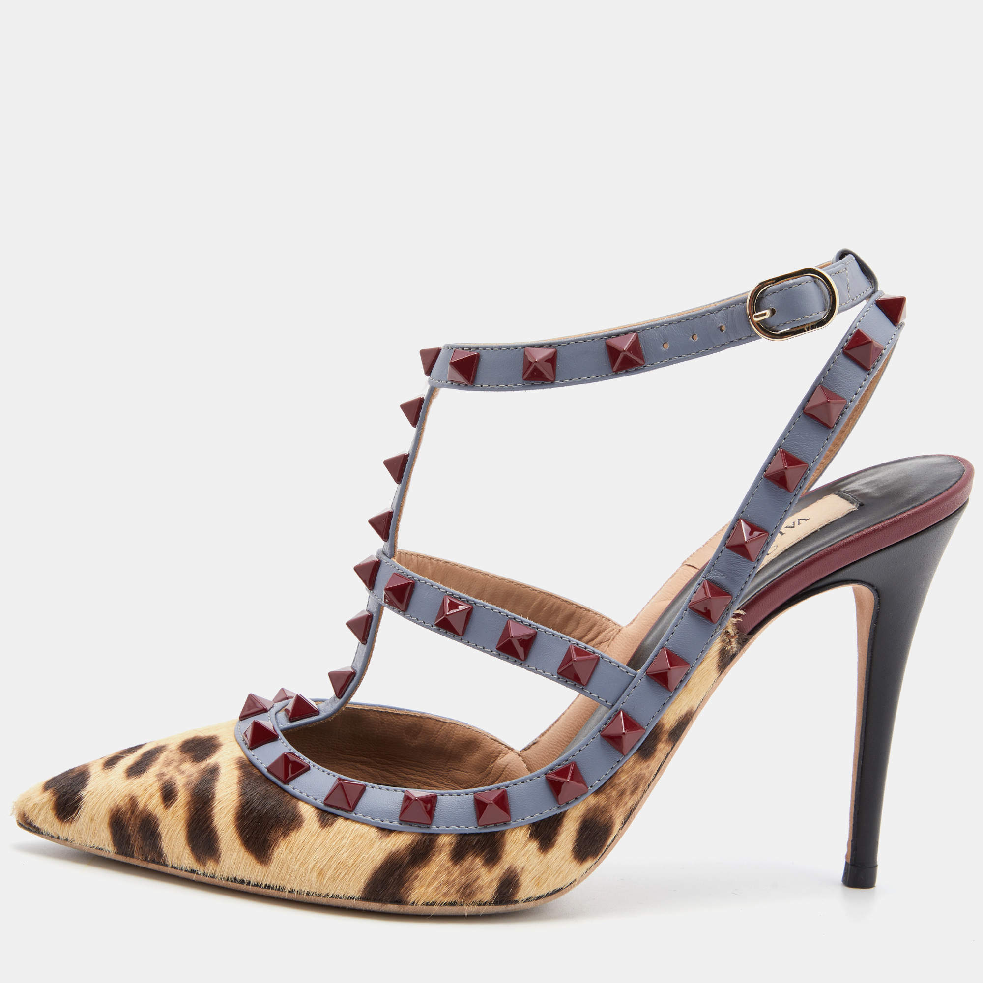 Pre Owned Valentino Multicolor Calf Hair and Leather Rockstud Caged Ankle Strap Pumps Size 38