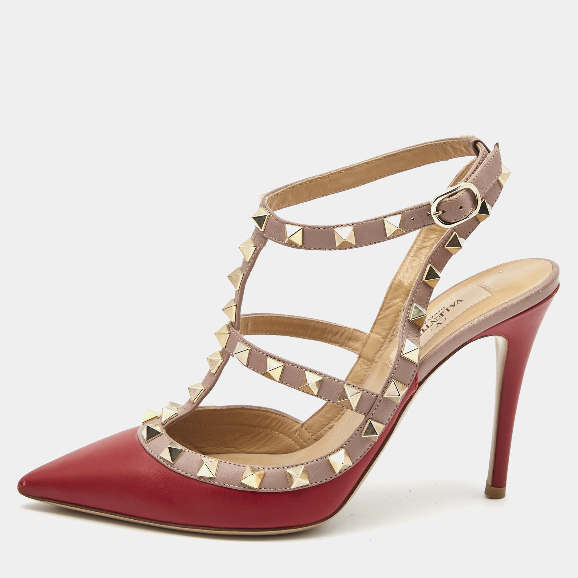 Pre Owned Valentino Red Leather Rockstud Ankle Strap Pumps Size 36.5