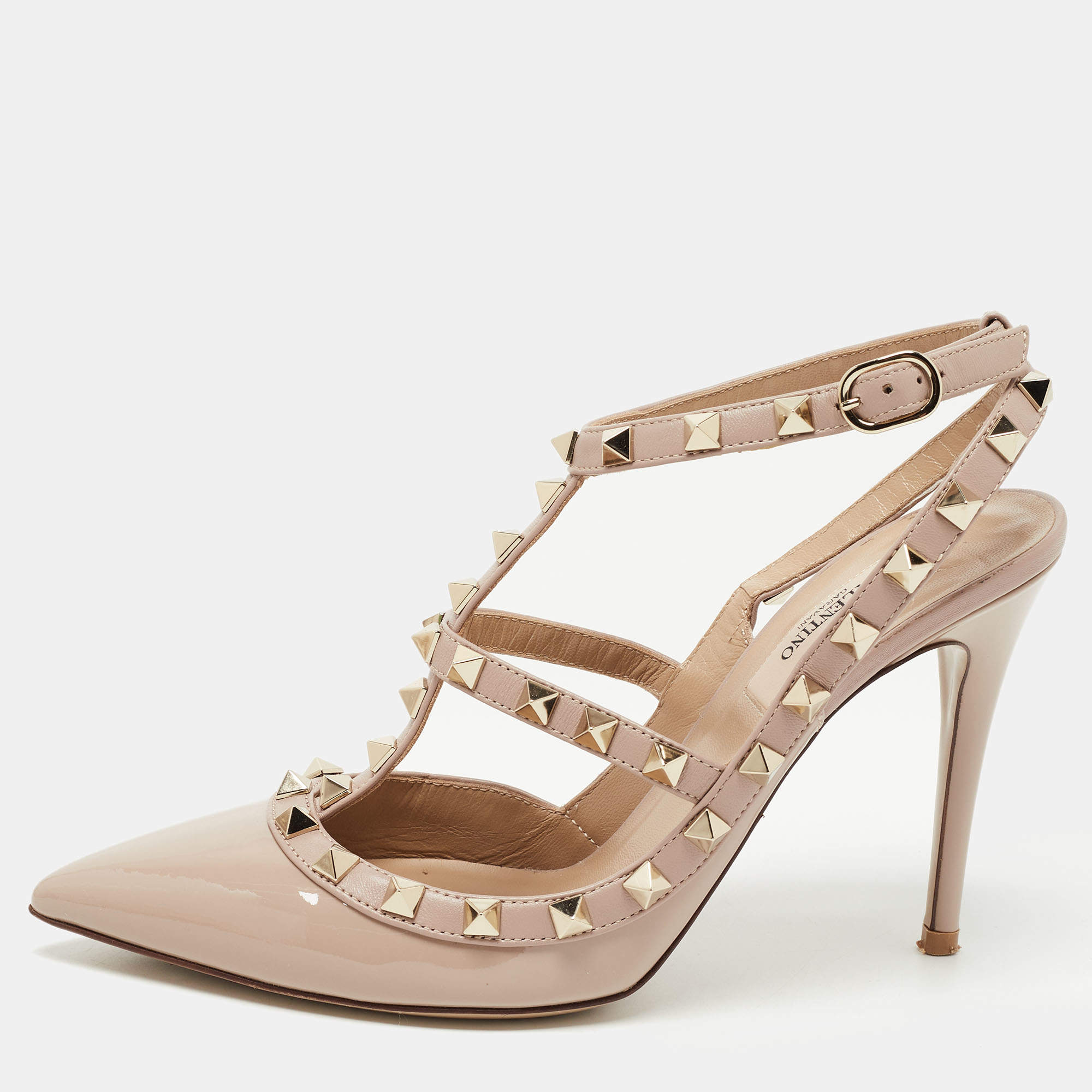 Pre Owned Valentino Dusty Pink Patent Leather Rockstud Ankle Strap Pumps Size 37.5