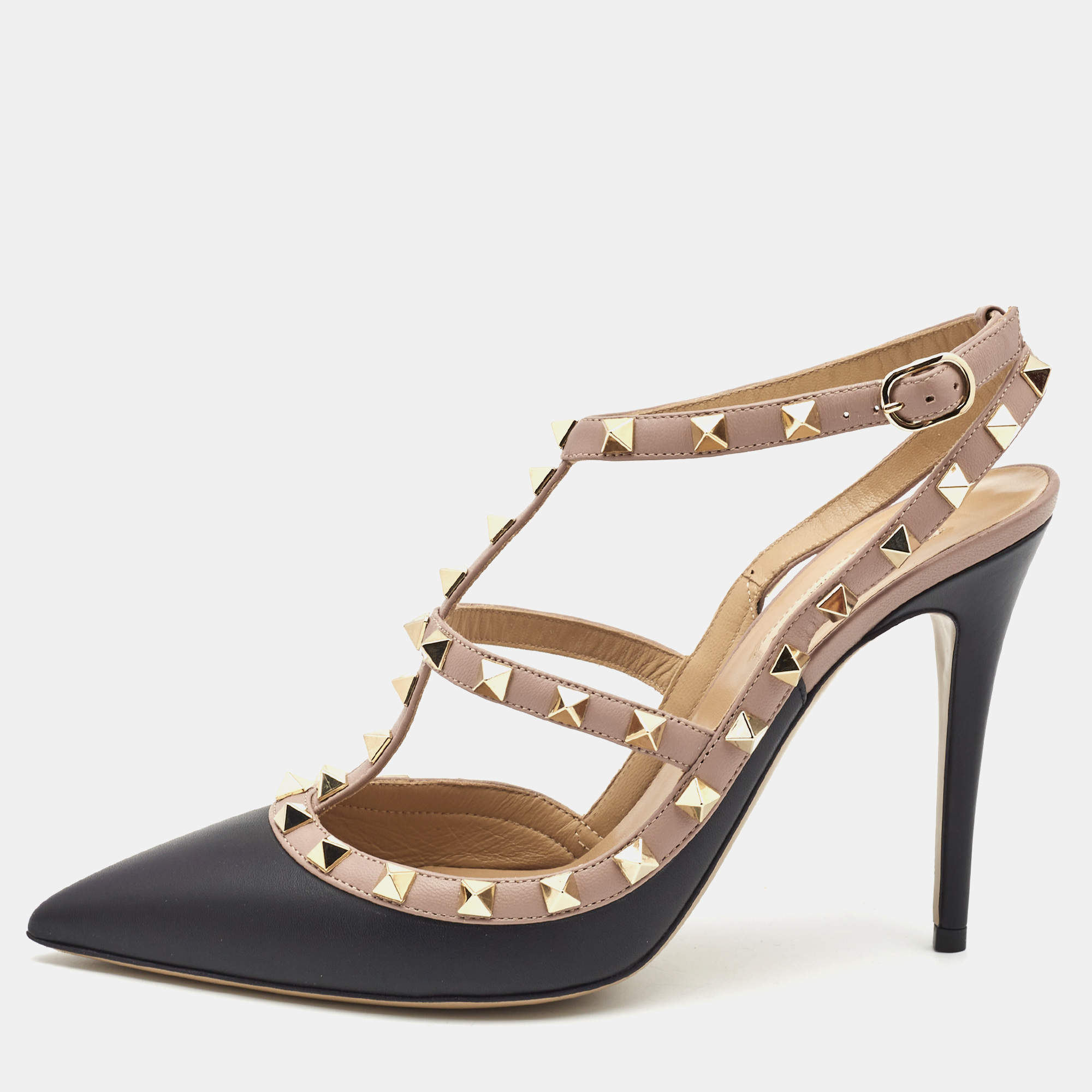 Pre Owned Valentino Black/Beige Leather Rockstud Pumps Size 40