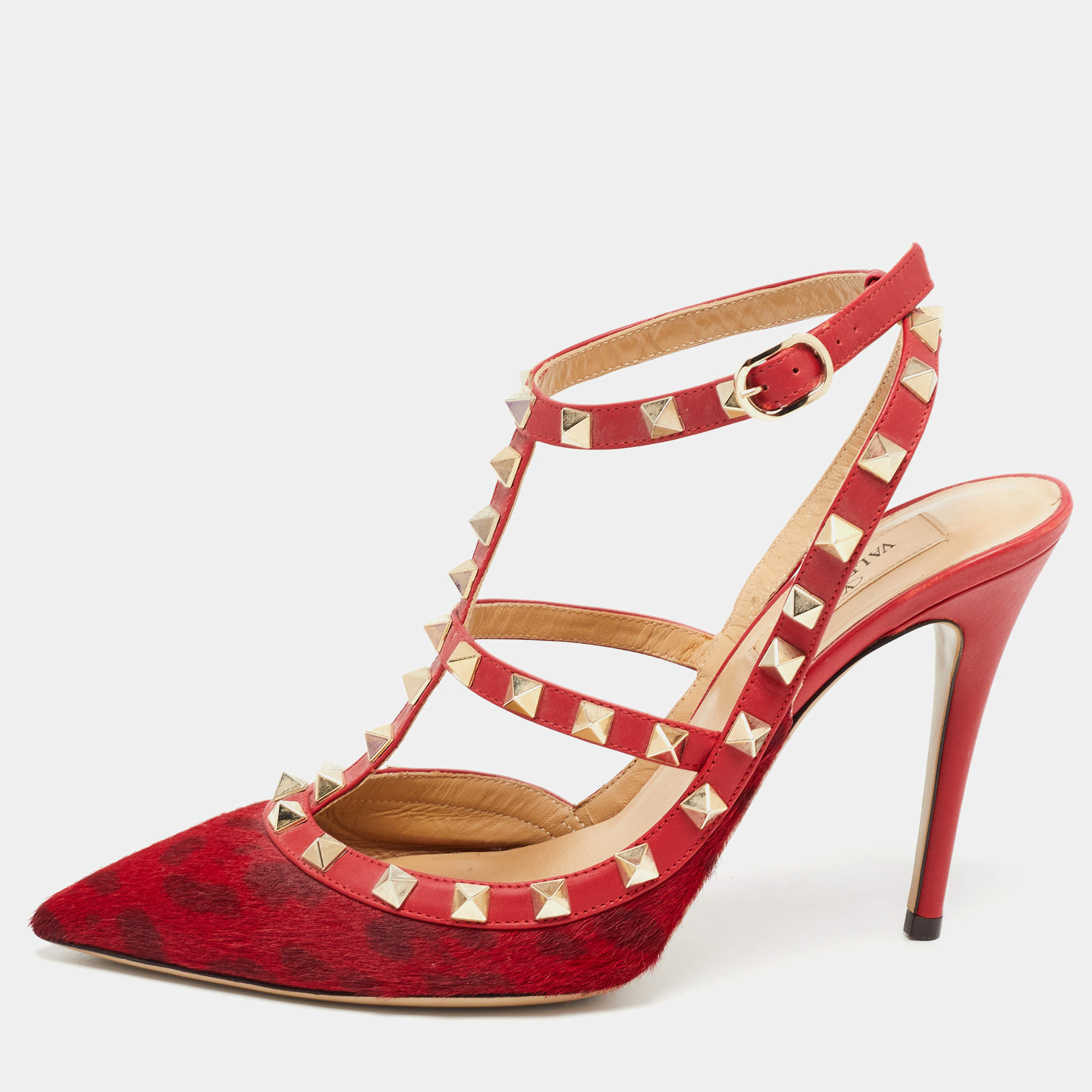 Pre Owned Valentino Red Leopard Print Calf Hair and Leather Rockstud Ankle Strap Pumps Size 38.5