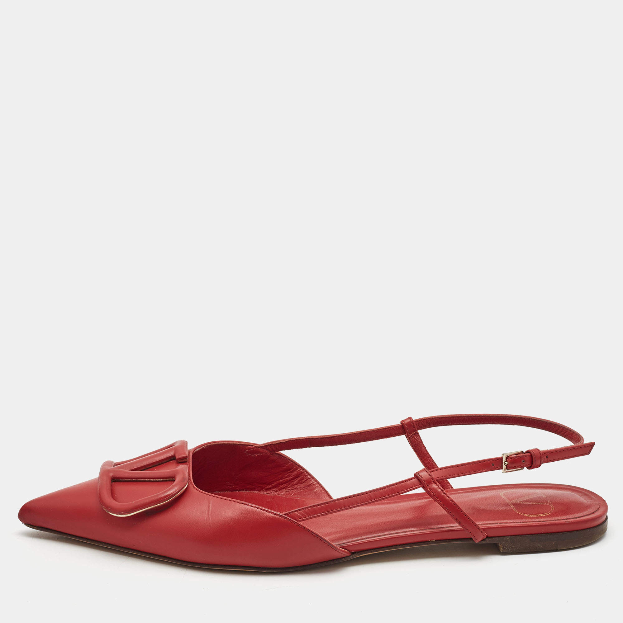 Pre Owned Valentino Red Leather Escape VLogo Slingback Flats Size 38.5