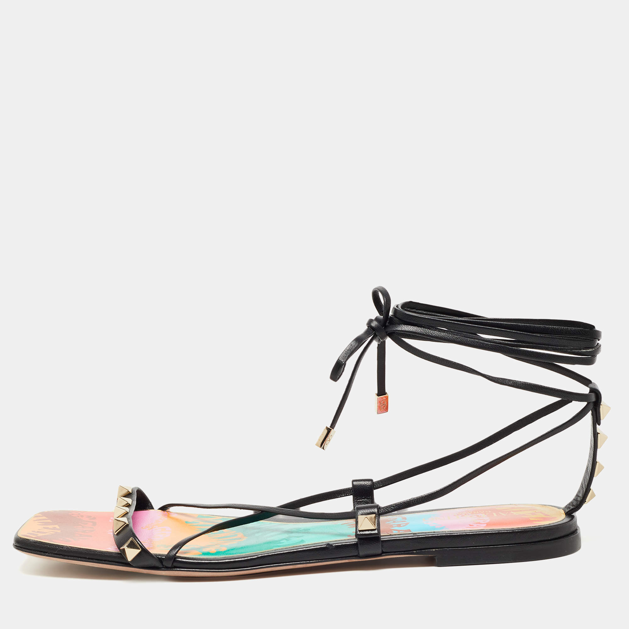 Pre Owned Valentino Black Leather Rockstud Ankle Tie Flat Sandals Size 39