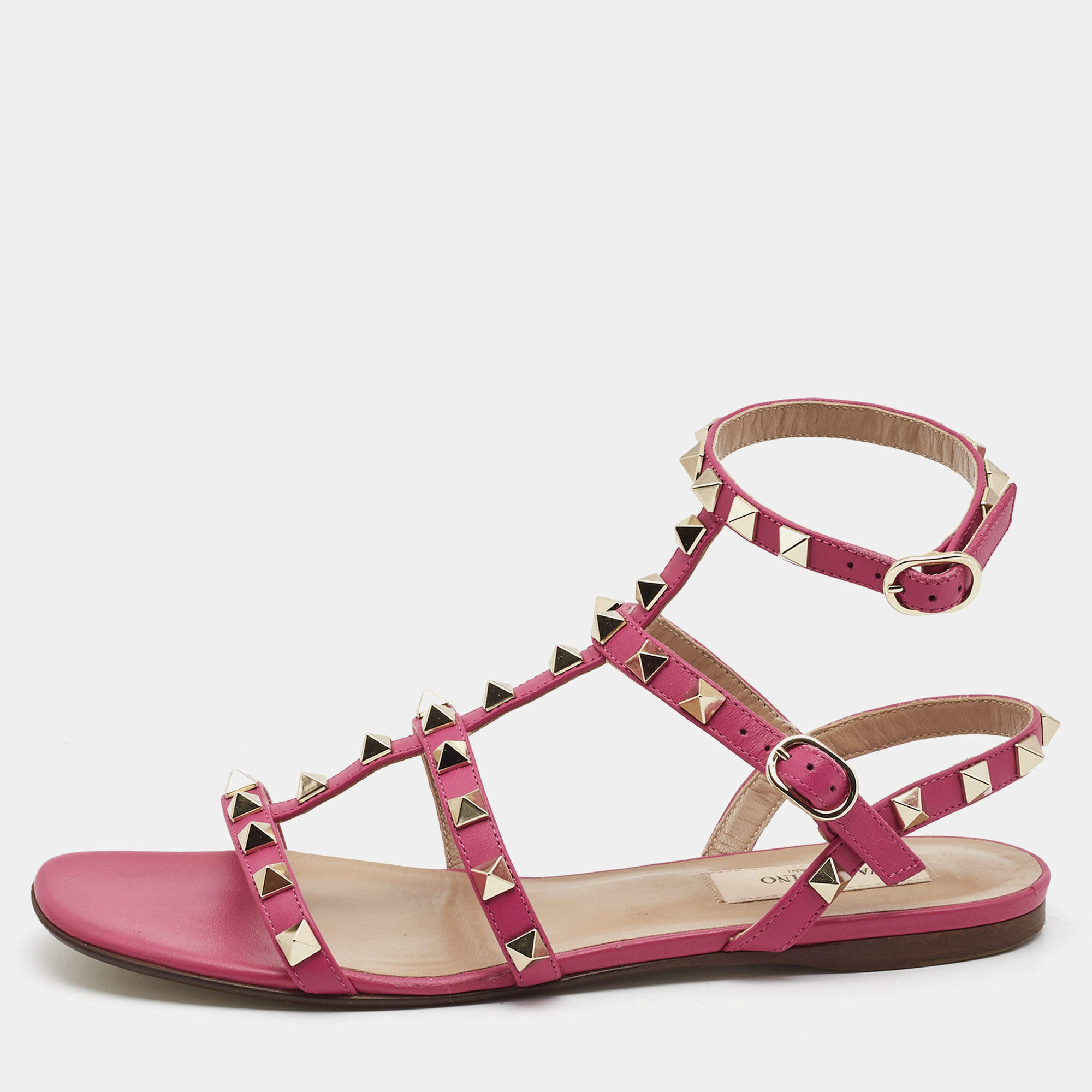 Pre Owned Valentino Pink Leather Rockstud Flats Size 36