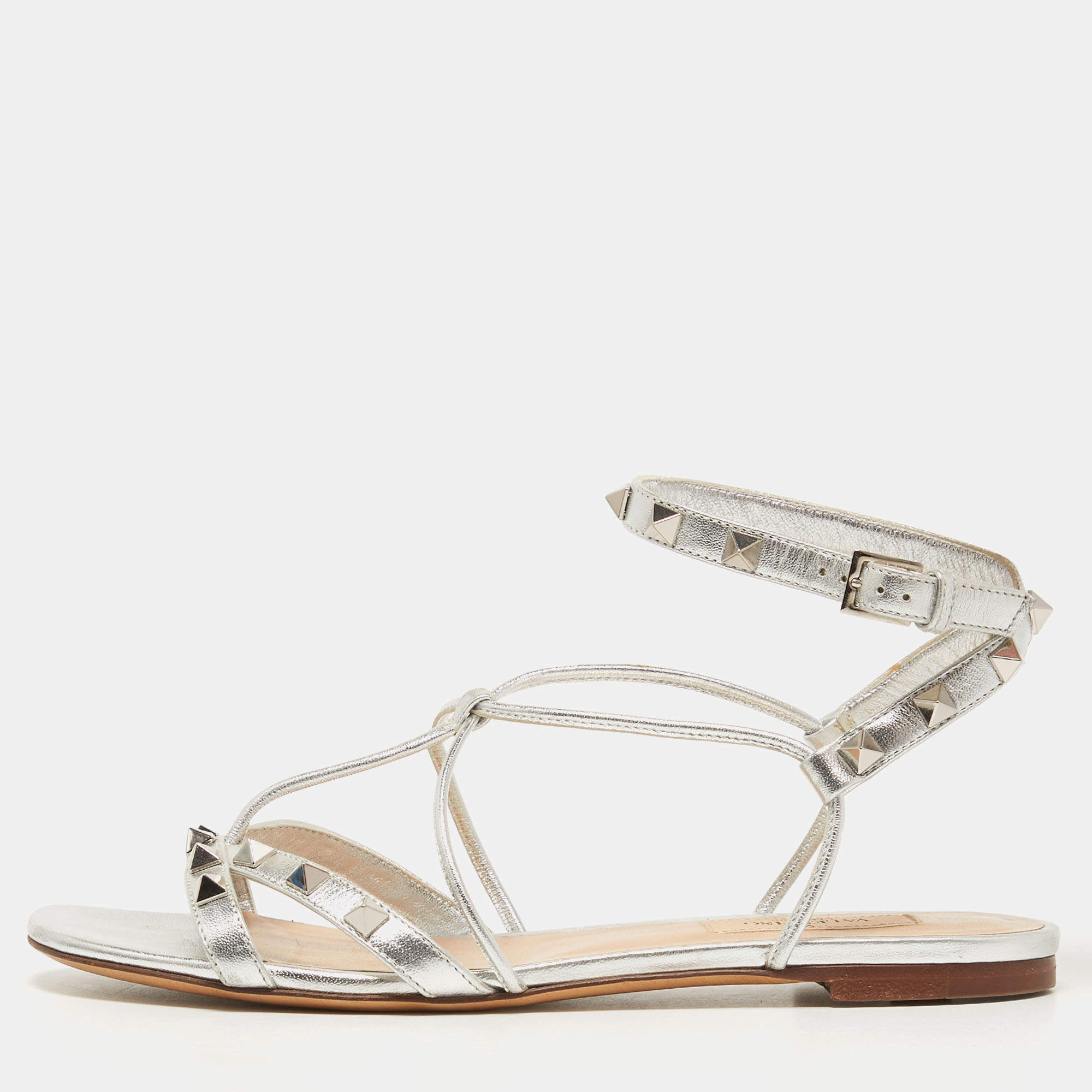 Pre Owned Valentino Silver Leather Rockstud Ankle Strap Flat Sandals Size 37