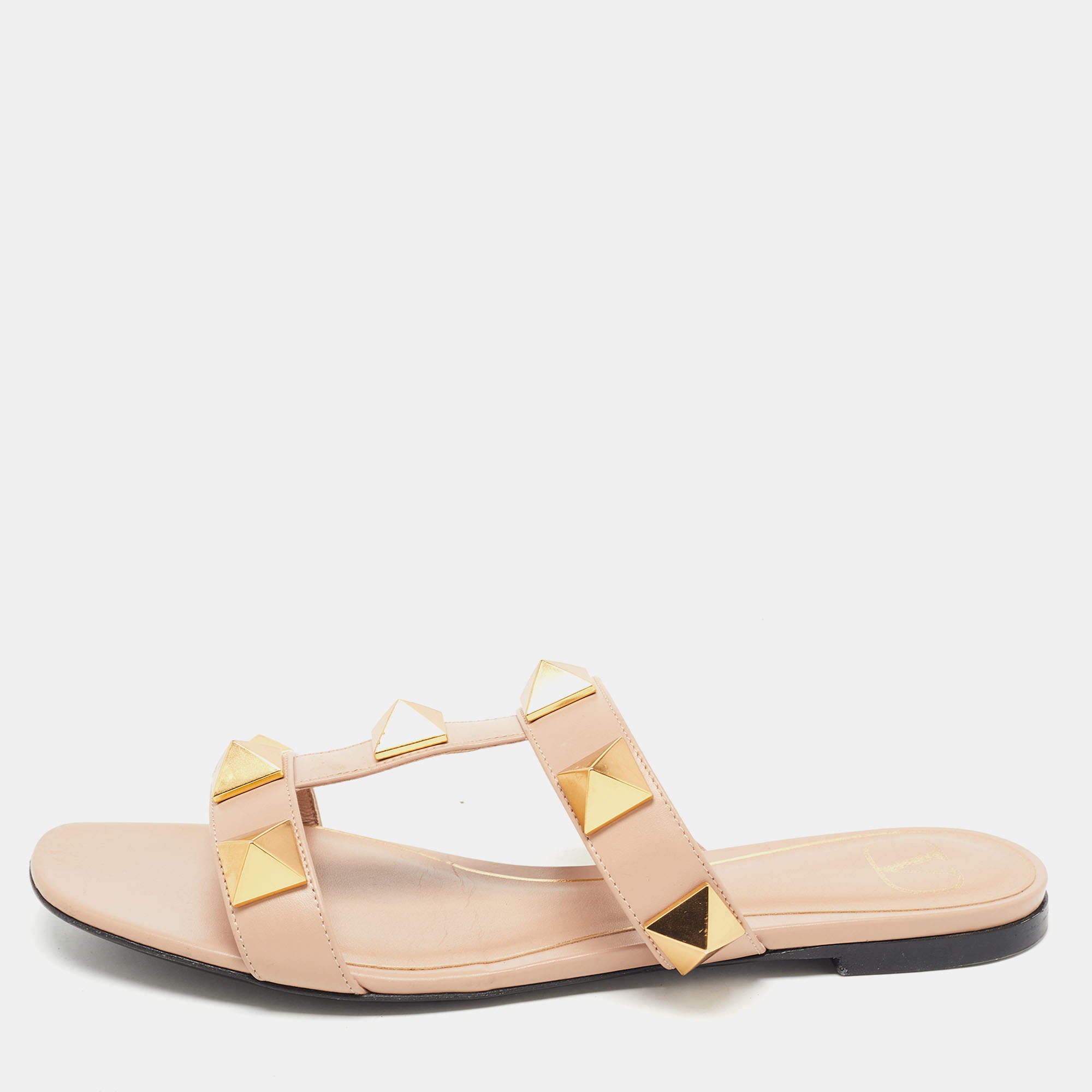 Pre Owned Valentino Pink Leather Roman Stud Flat Slides Size 38