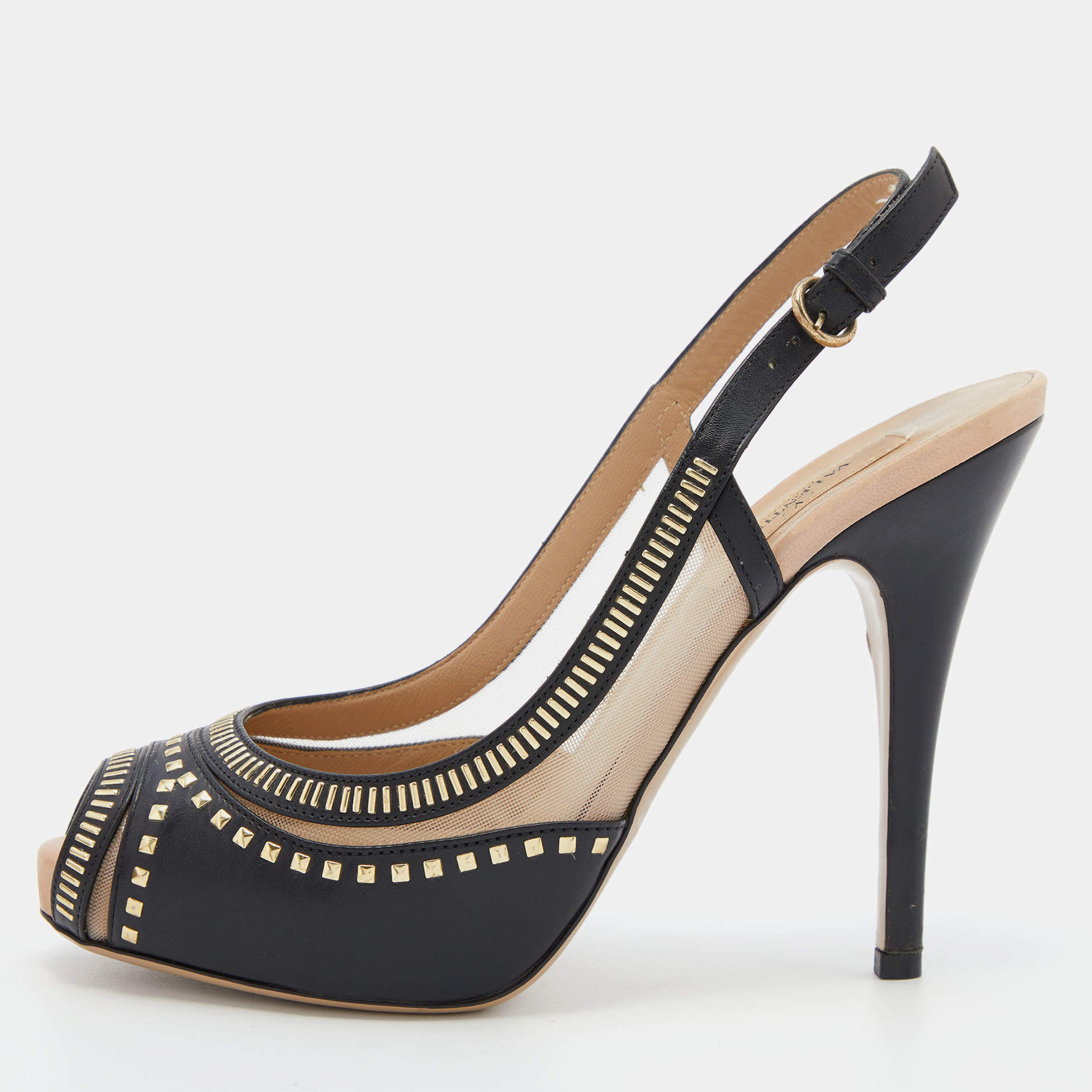 Pre Owned Valentino Black Leather Embellished Peep Toe Slingback Pumps Size 37.5