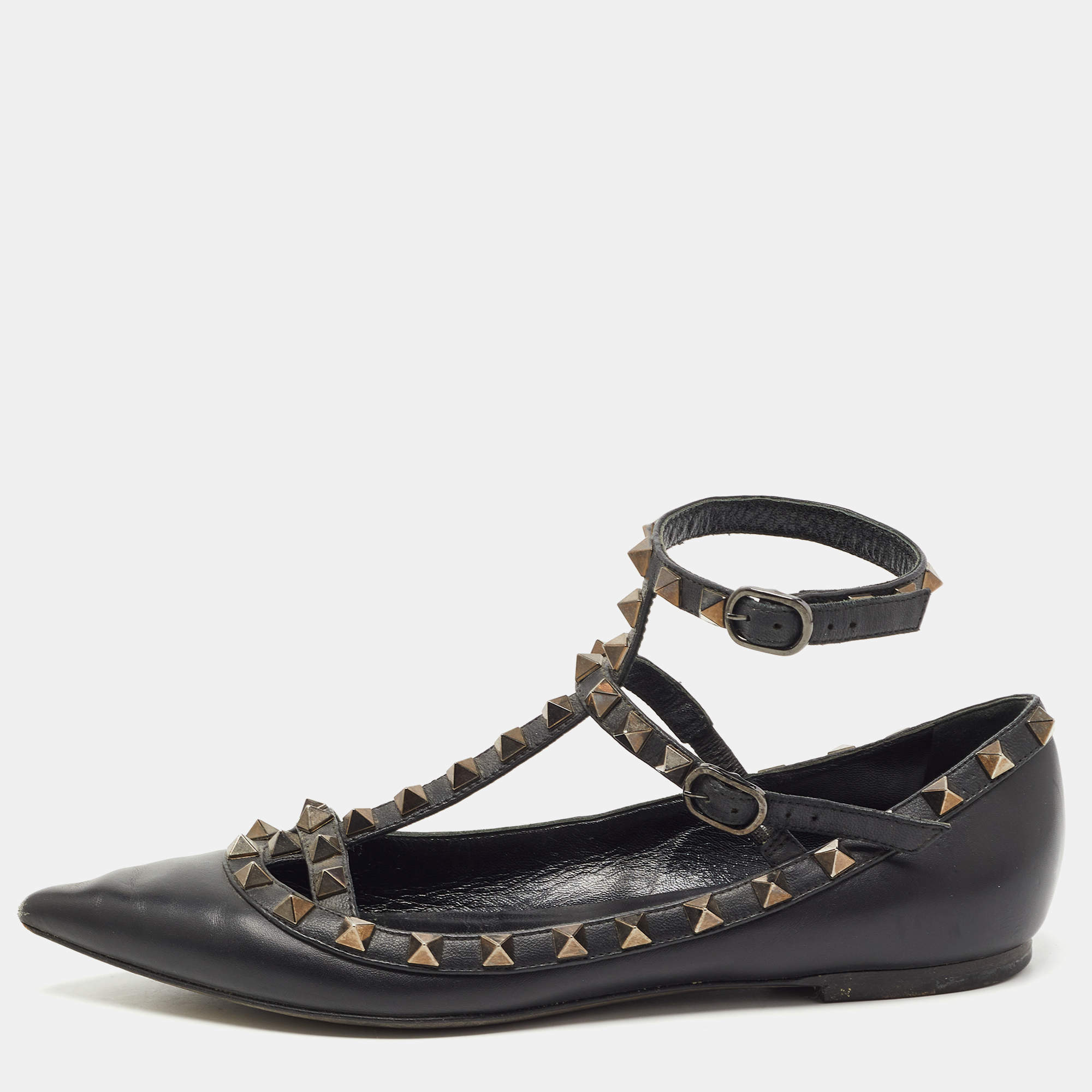 Pre Owned Valentino Black Leather Rockstud Ankle Strap Ballet Flats Size 37