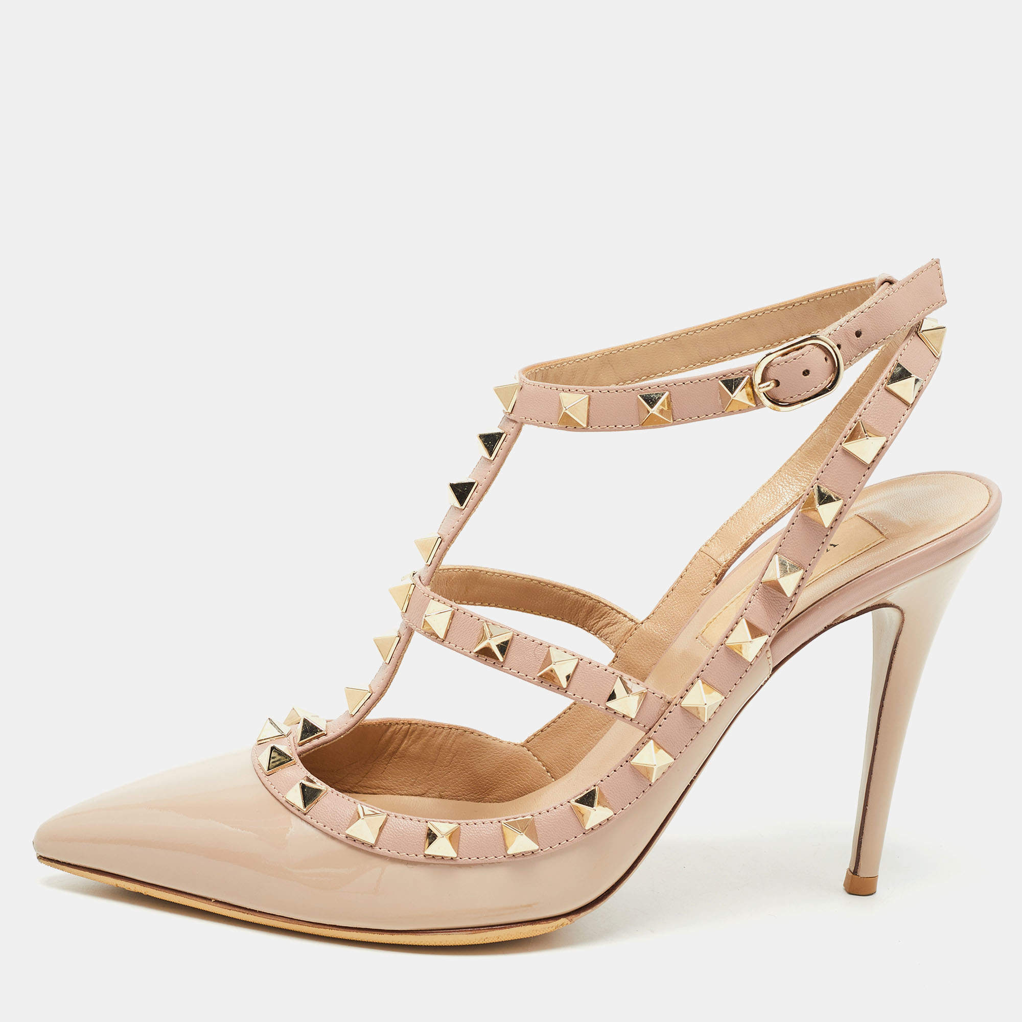 Pre Owned Valentino Beige Patent Leather Rockstud Caged Pumps Size 38