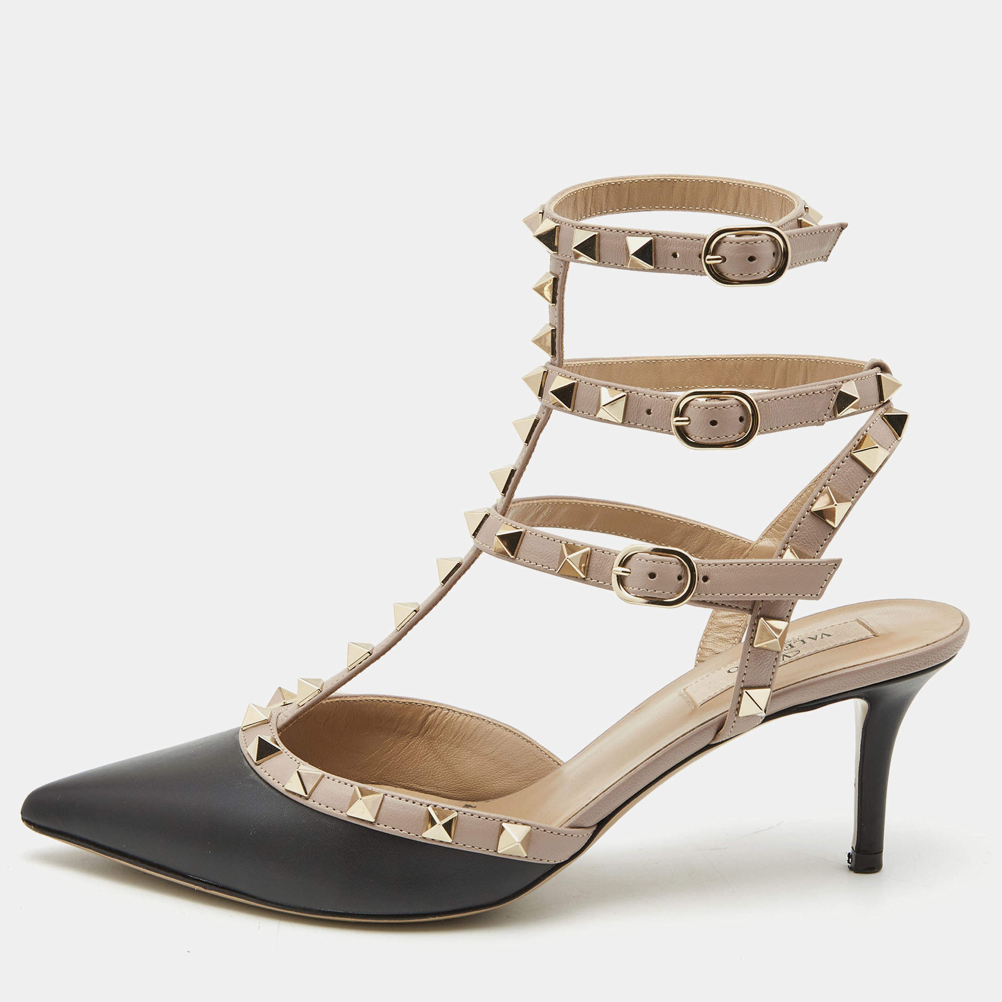 Pre Owned Valentino Black/Beige Leather Rockstud Pumps Size 38