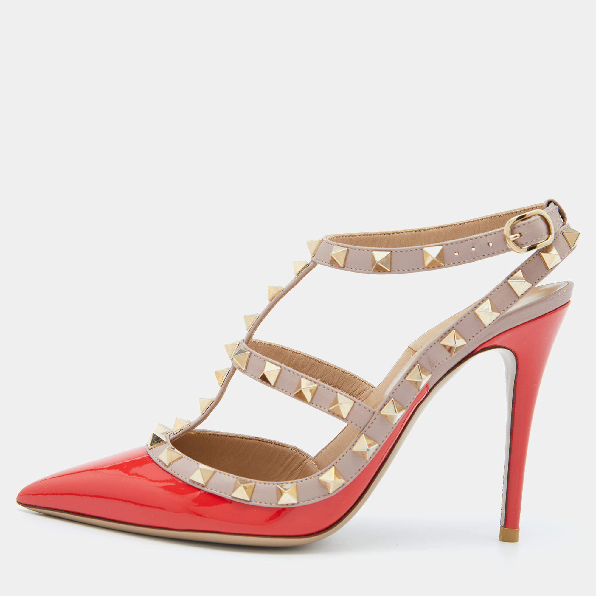 Pre Owned Valentino Red/Pink Patent Leather Rockstud Ankle Strap Pumps Size 38